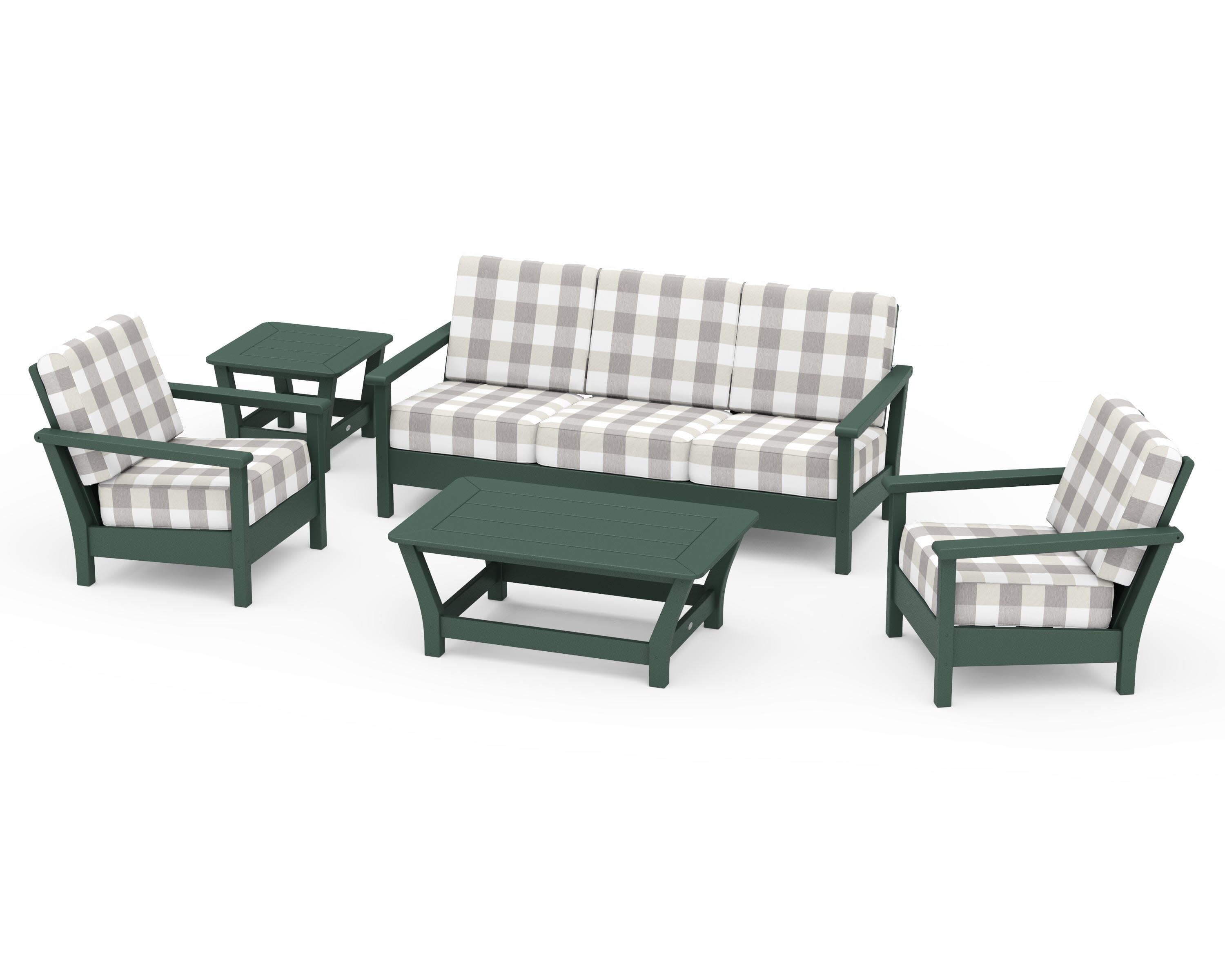 Harbour 5-Piece Deep Seating Set in Green / Buffalo Plaid Grey Mist