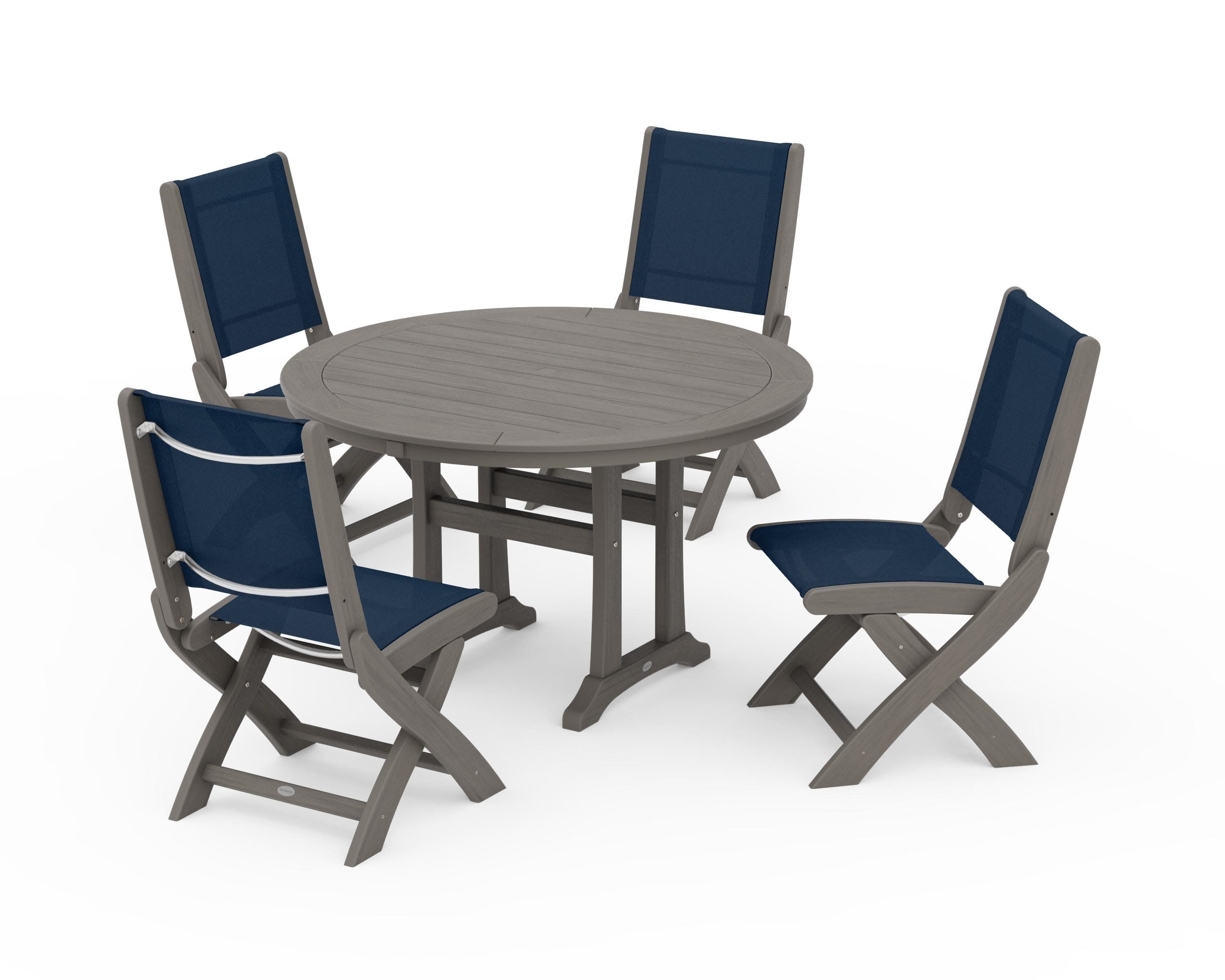 Coastal Folding Side Chair 5-Piece Round Dining Set With Trestle Legs in Driftwood / Navy Blue Sling