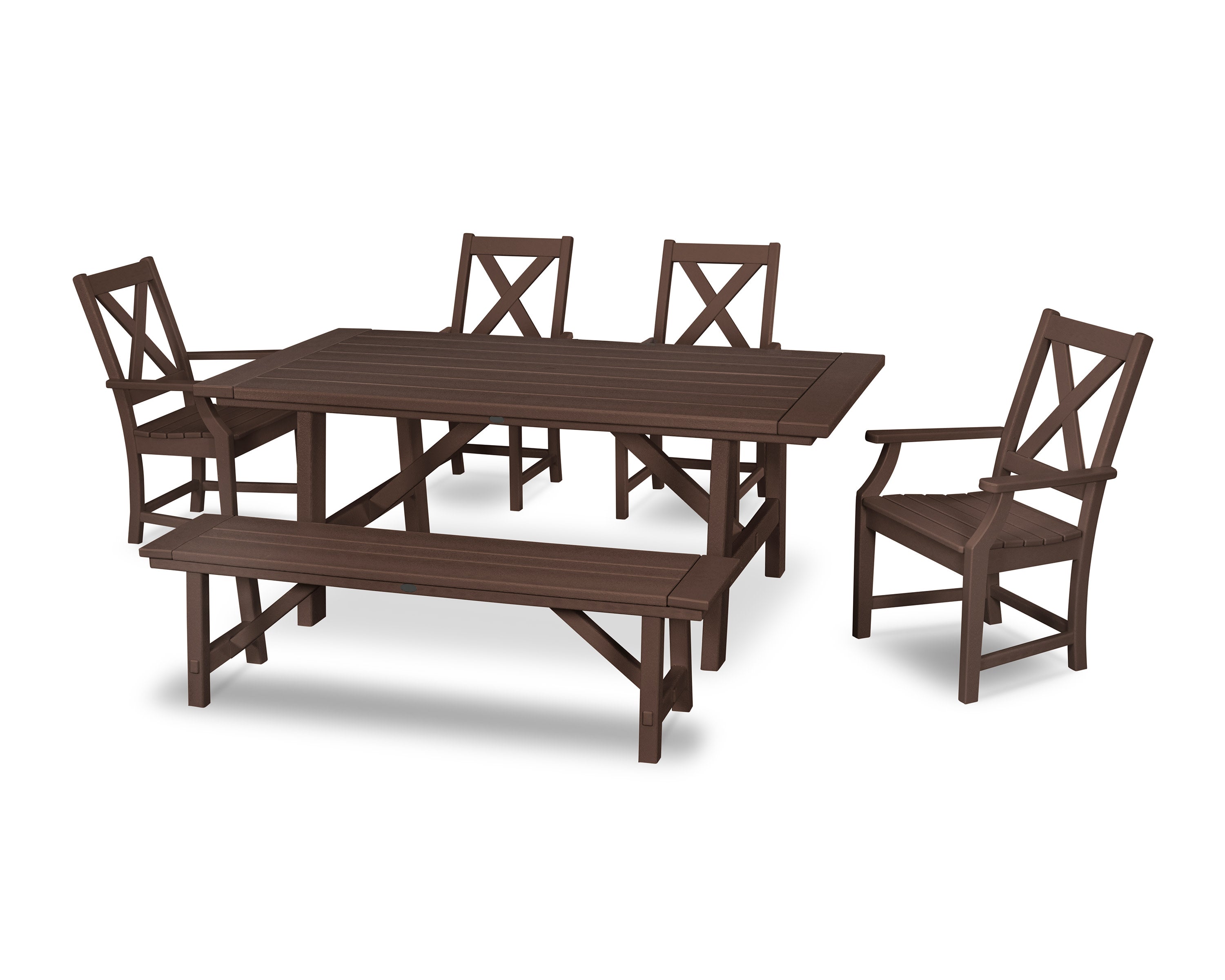Braxton 6-Piece Rustic Farmhouse Arm Chair Dining Set with Bench in Mahogany