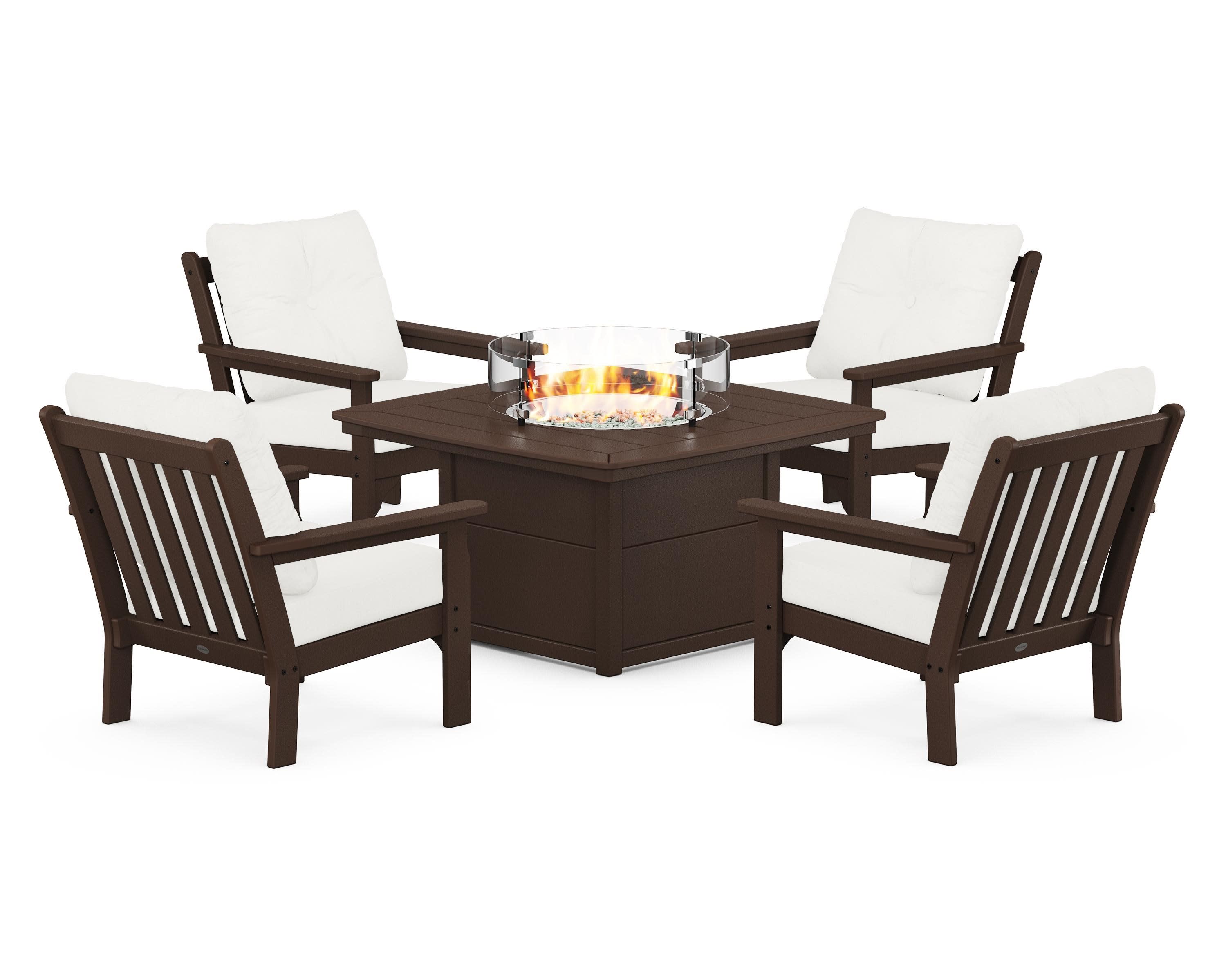 Vineyard 5-Piece Conversation Set with Fire Pit Table in Mahogany / Natural Linen