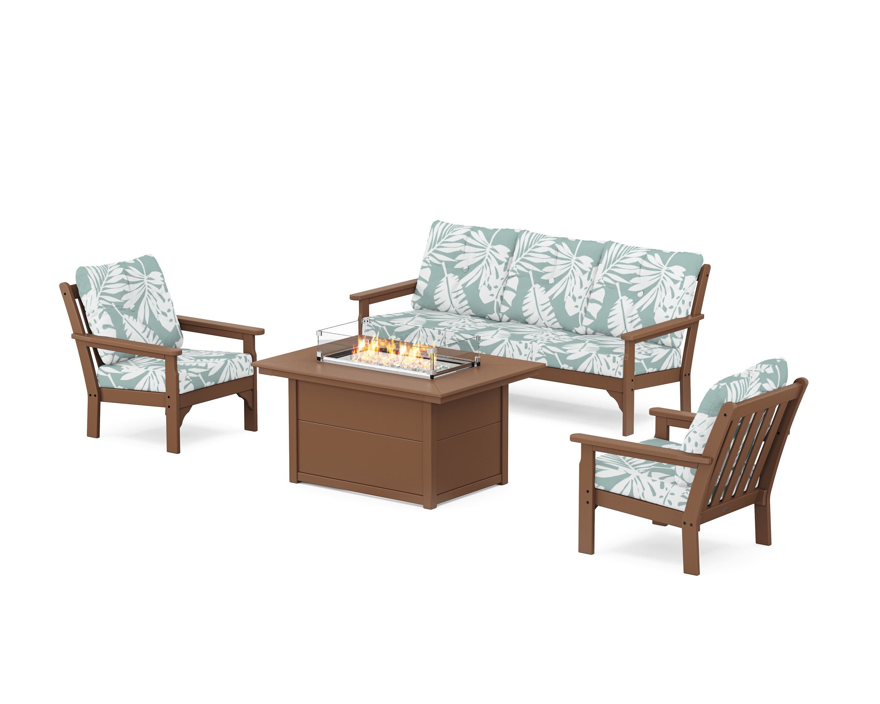 Vineyard Deep Seating Fire Pit Table Set in Teak / Leaf Glacier Spa