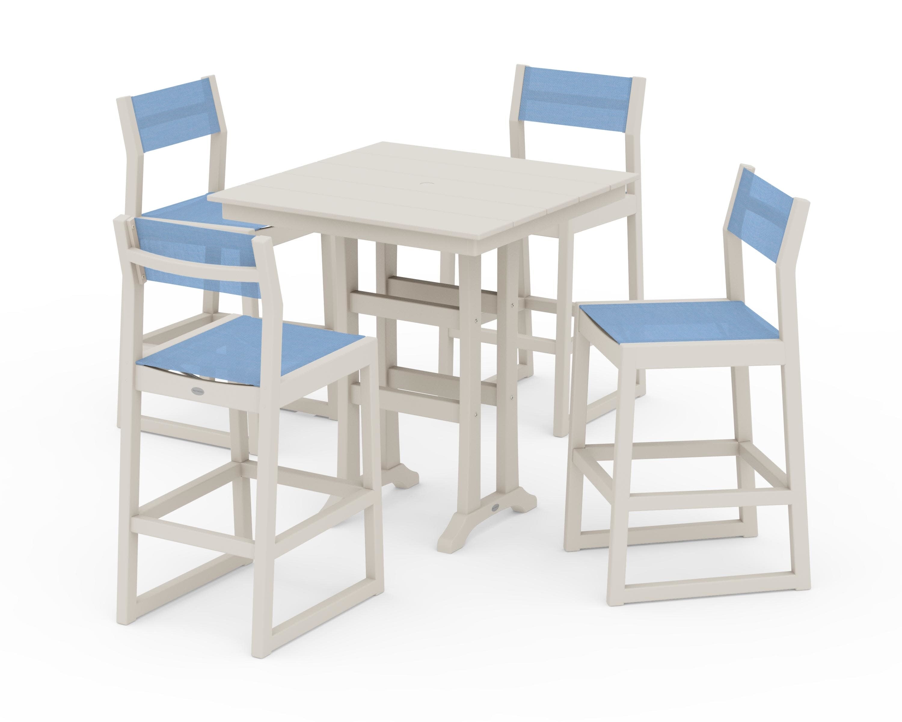 EDGE Sling Arm Chair 5-Piece Farmhouse Bar Set with Trestle Legs in Sand / Poolside Sling