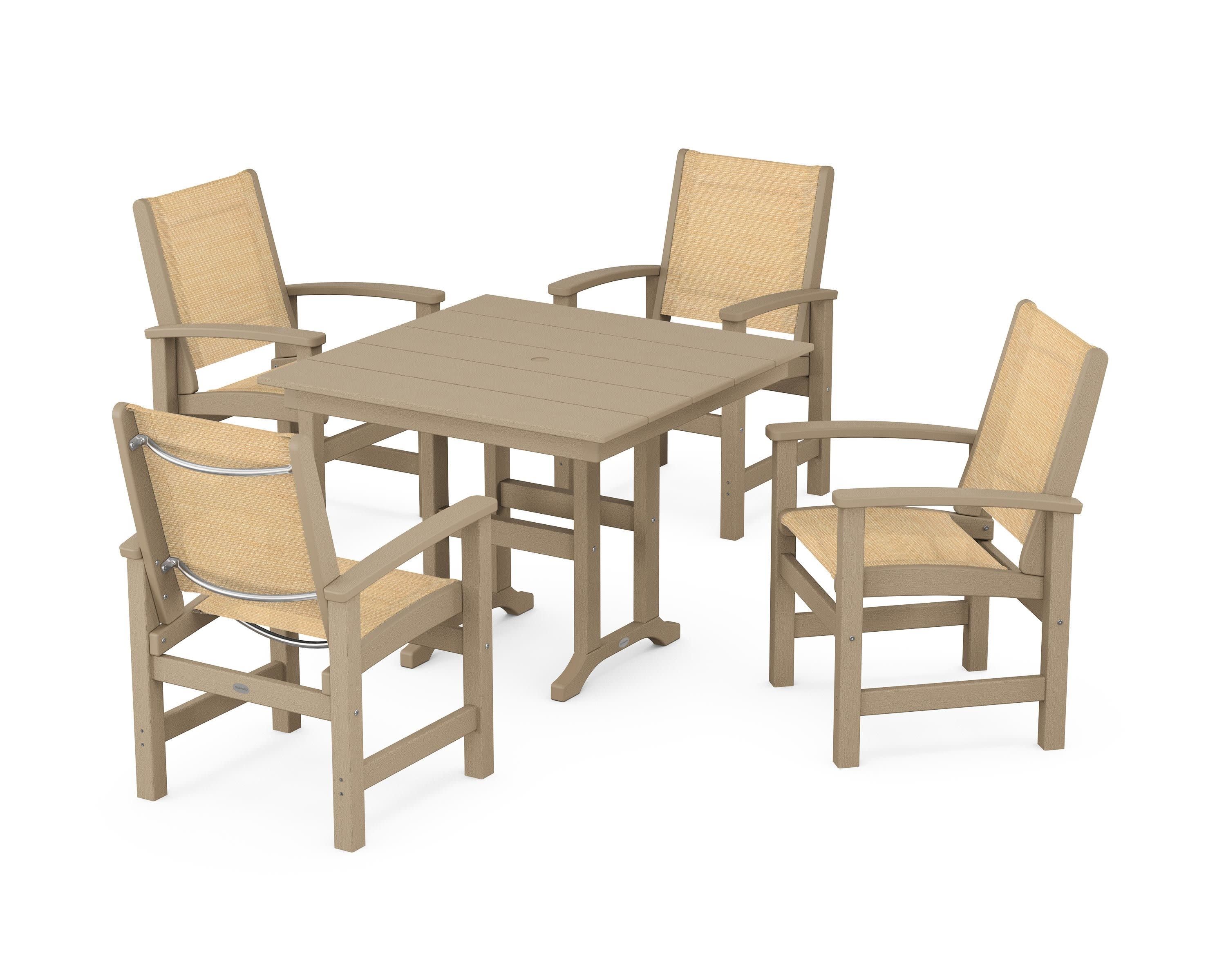 Coastal 5-Piece Farmhouse Dining Set in Vintage Sahara / Dupioni Apricot Sling