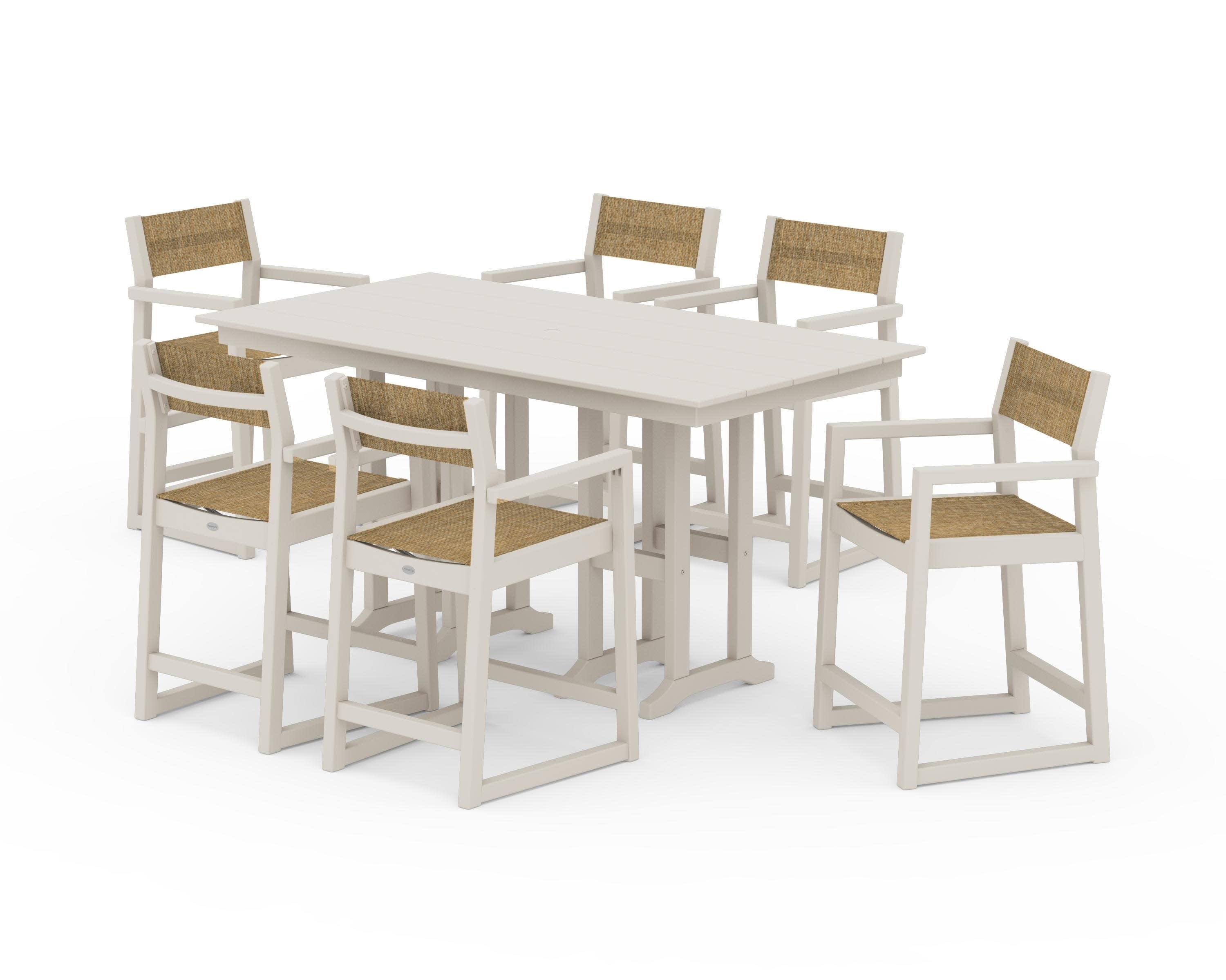 EDGE Sling Arm Chair 7-Piece Farmhouse Counter Set in Sand / Burlap Sling