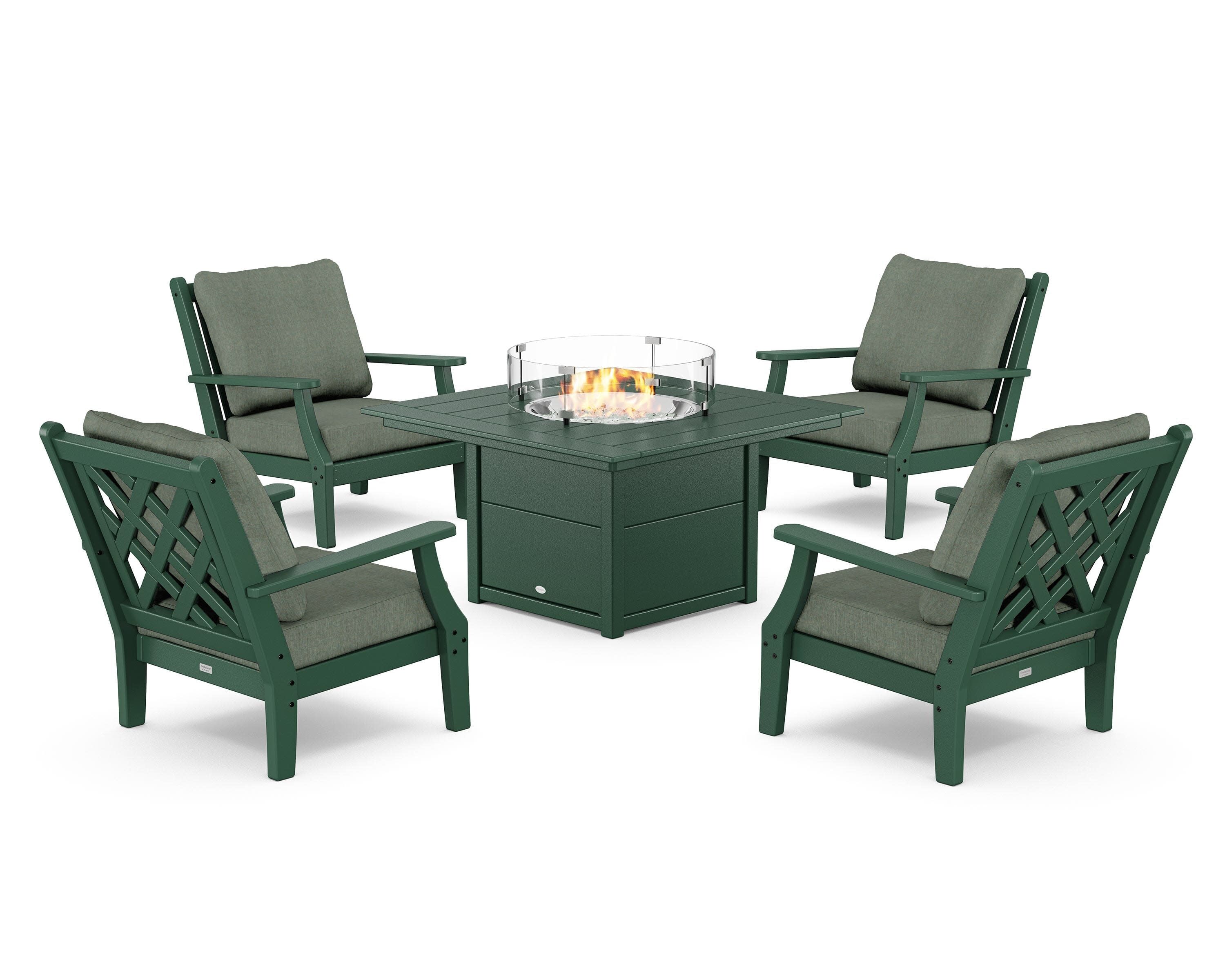 Wovendale 5-Piece Deep Seating Set with Fire Pit Table in Green / Cast Sage