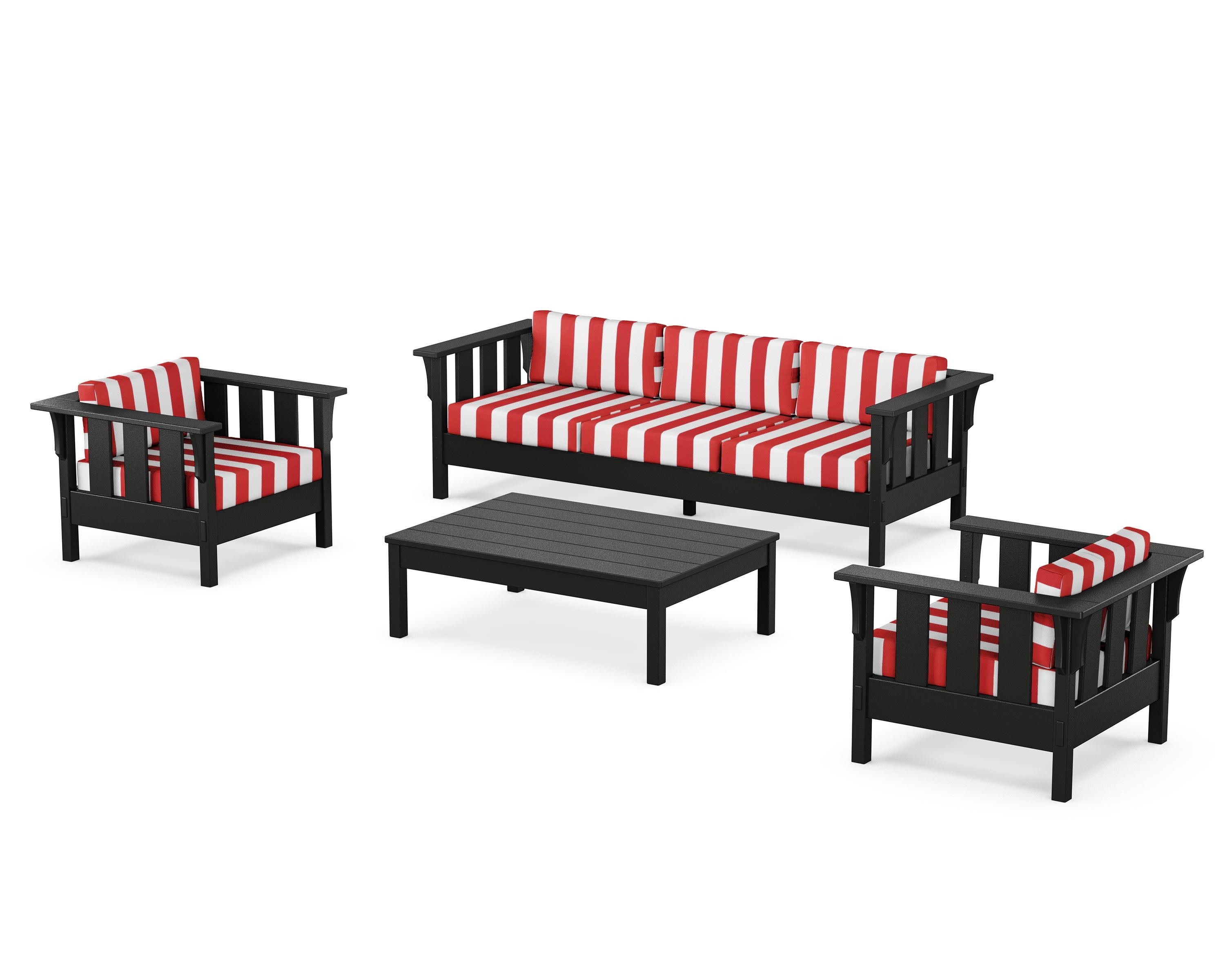 Acadia 4-Piece Deep Seating Set with Sofa in Black / Cabana Stripe Crimson