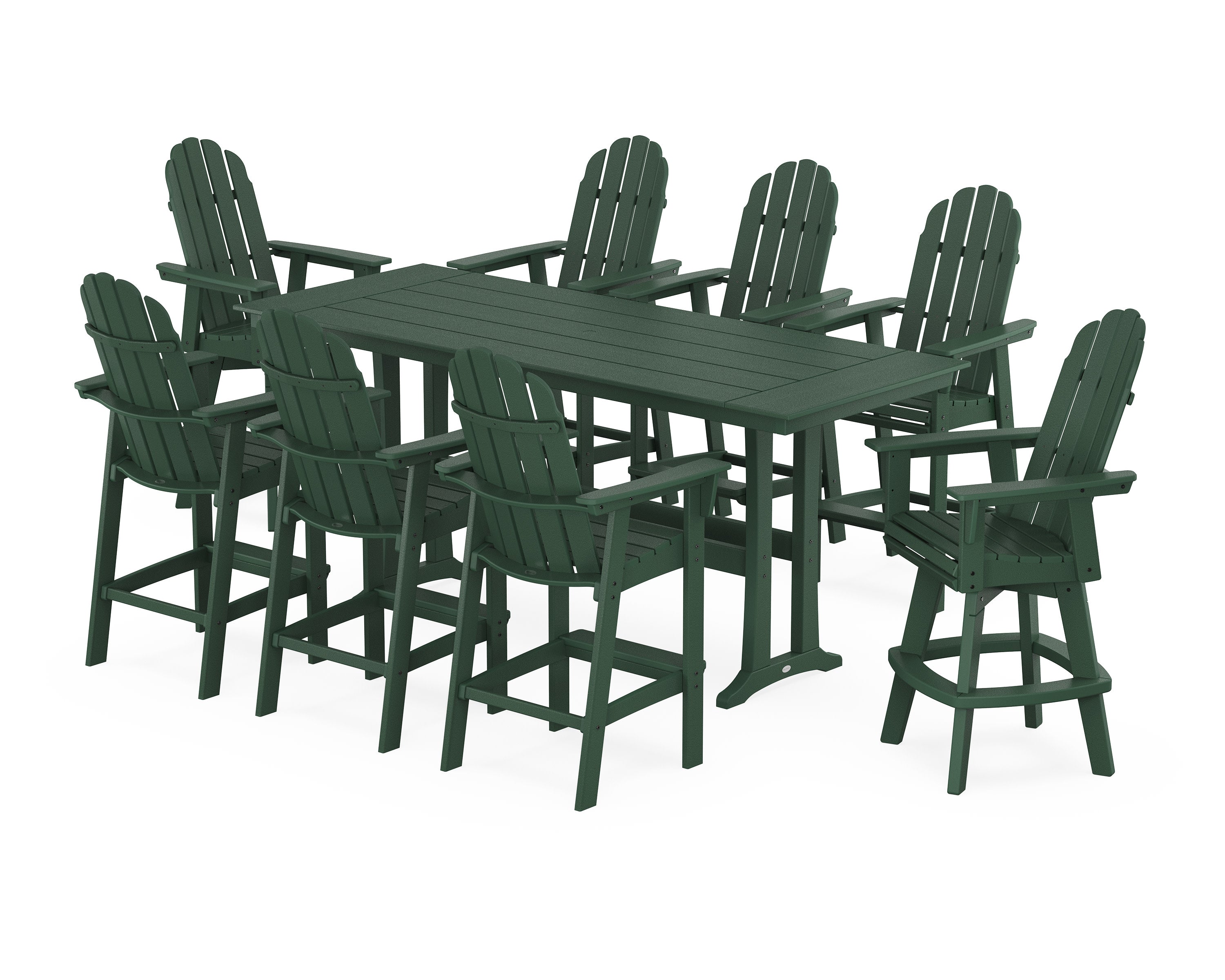 Vineyard Curveback Adirondack Swivel 9-Piece Farmhouse Bar Set with Trestle Legs in Green