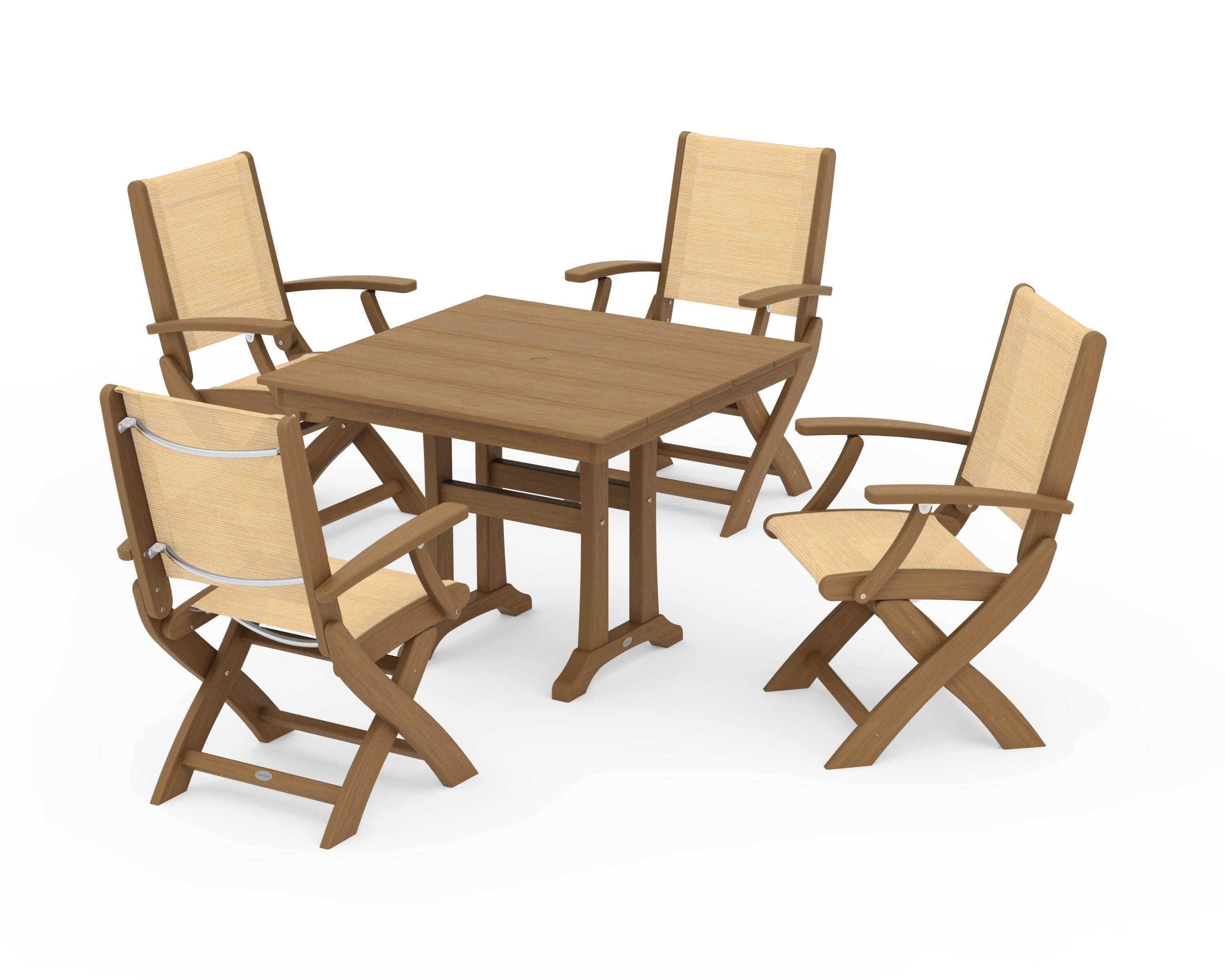 Coastal Folding Chair 5-Piece Farmhouse Dining Set With Trestle Legs in Natural / Dupioni Apricot Sling