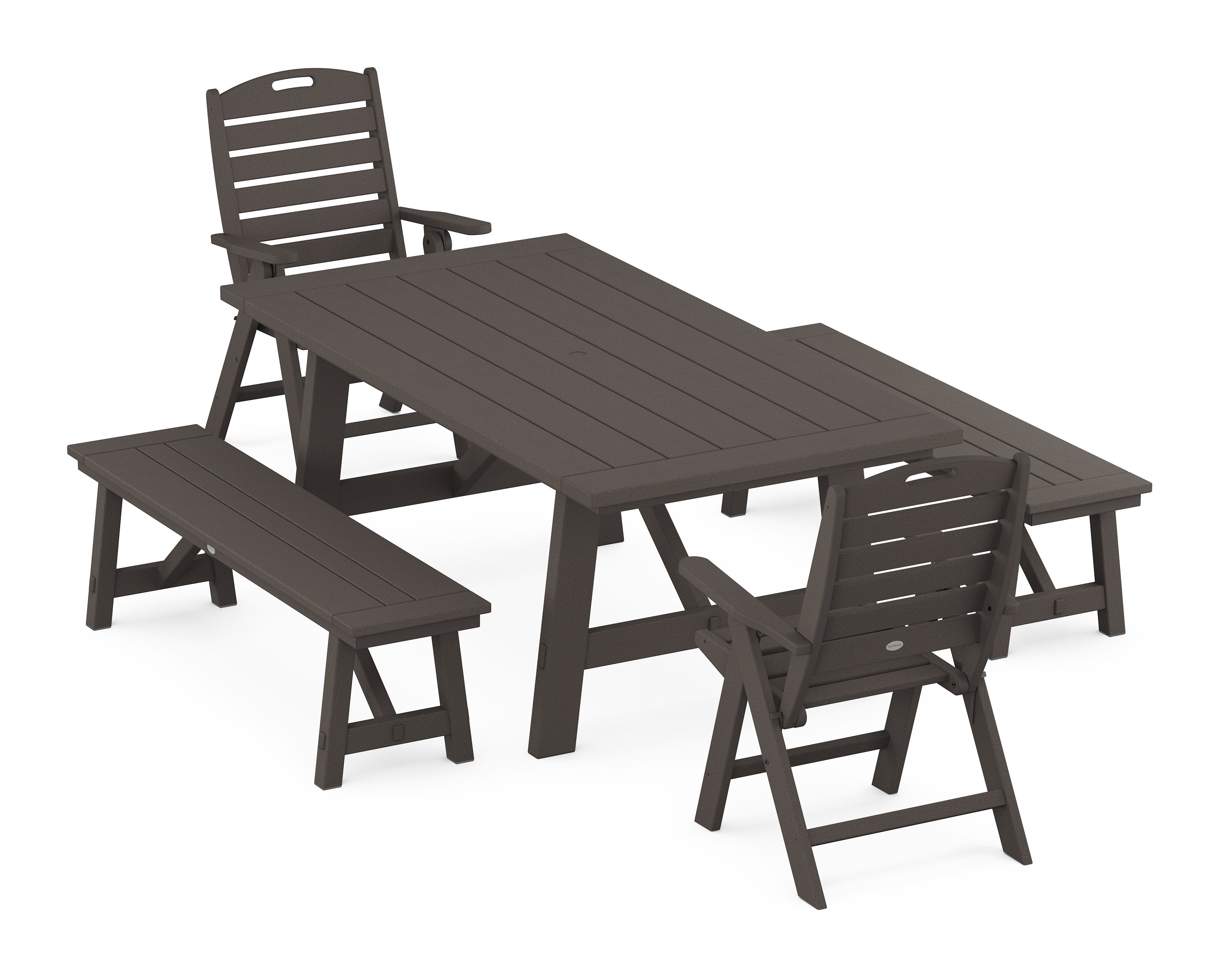 Nautical Folding Highback Chair 5-Piece Rustic Farmhouse Dining Set With Benches in Vintage Coffee