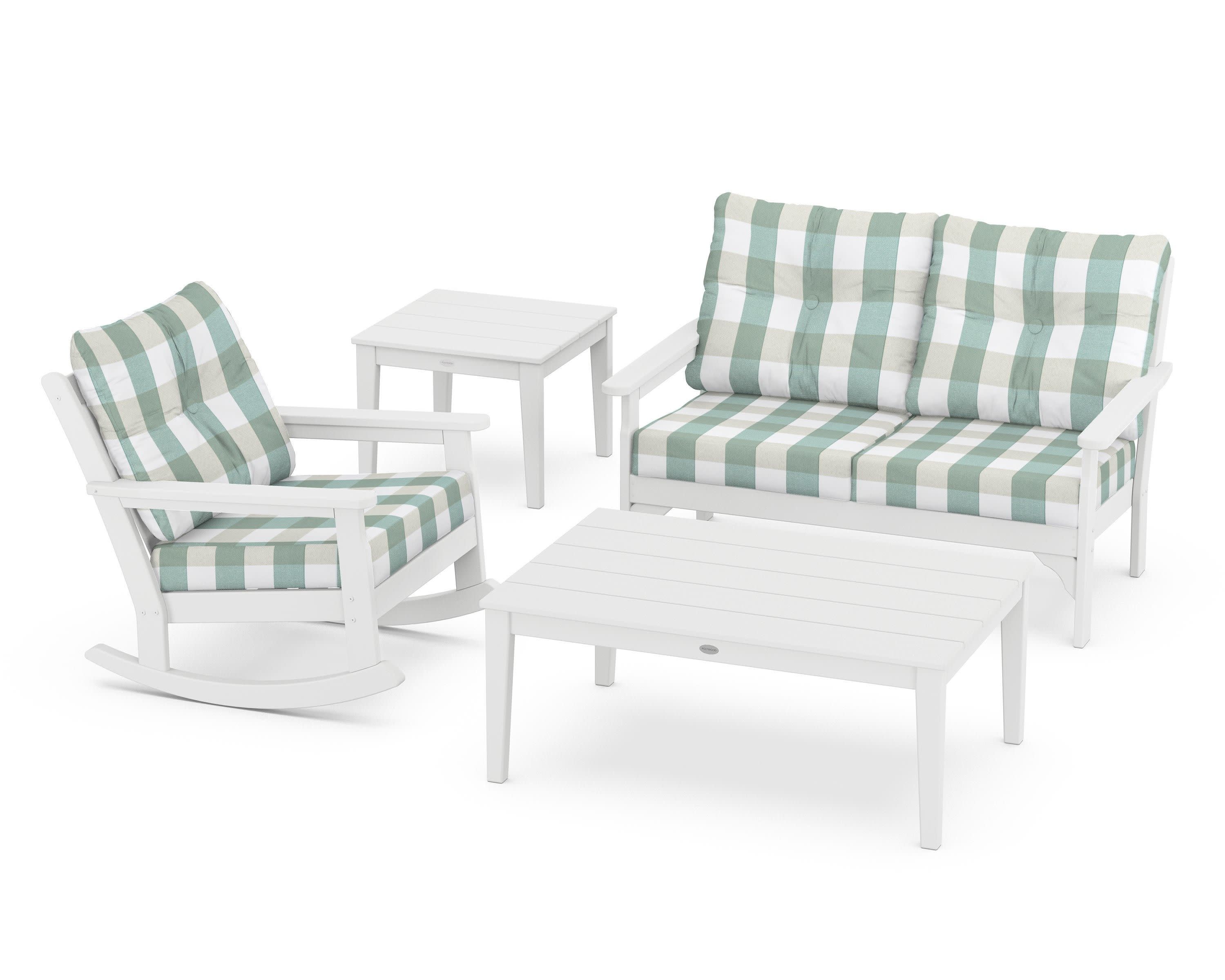 Vineyard 4-Piece Deep Seating Rocker Set in White / Buffalo Plaid Glacier Spa