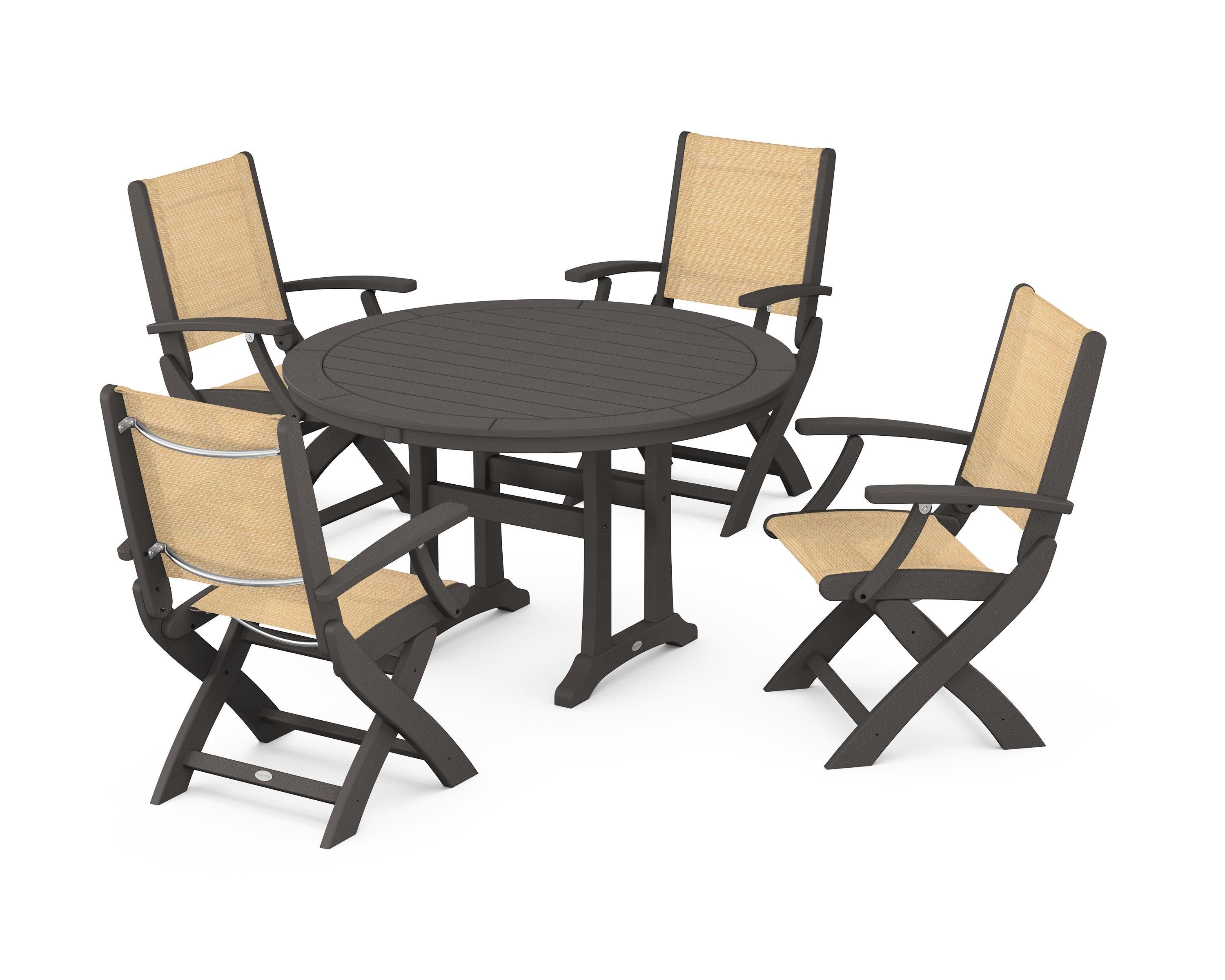 Coastal Folding Chair 5-Piece Round Dining Set with Trestle Legs in Vintage Coffee / Dupioni Apricot Sling
