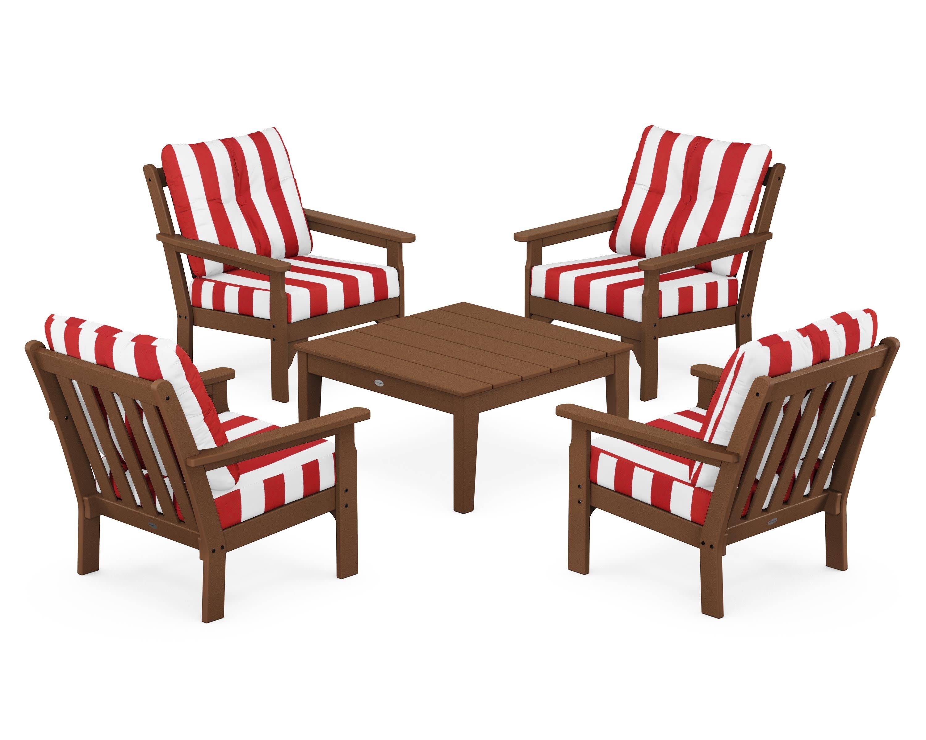 Vineyard 5-Piece Deep Seating Conversation Set in Teak / Cabana Stripe Crimson