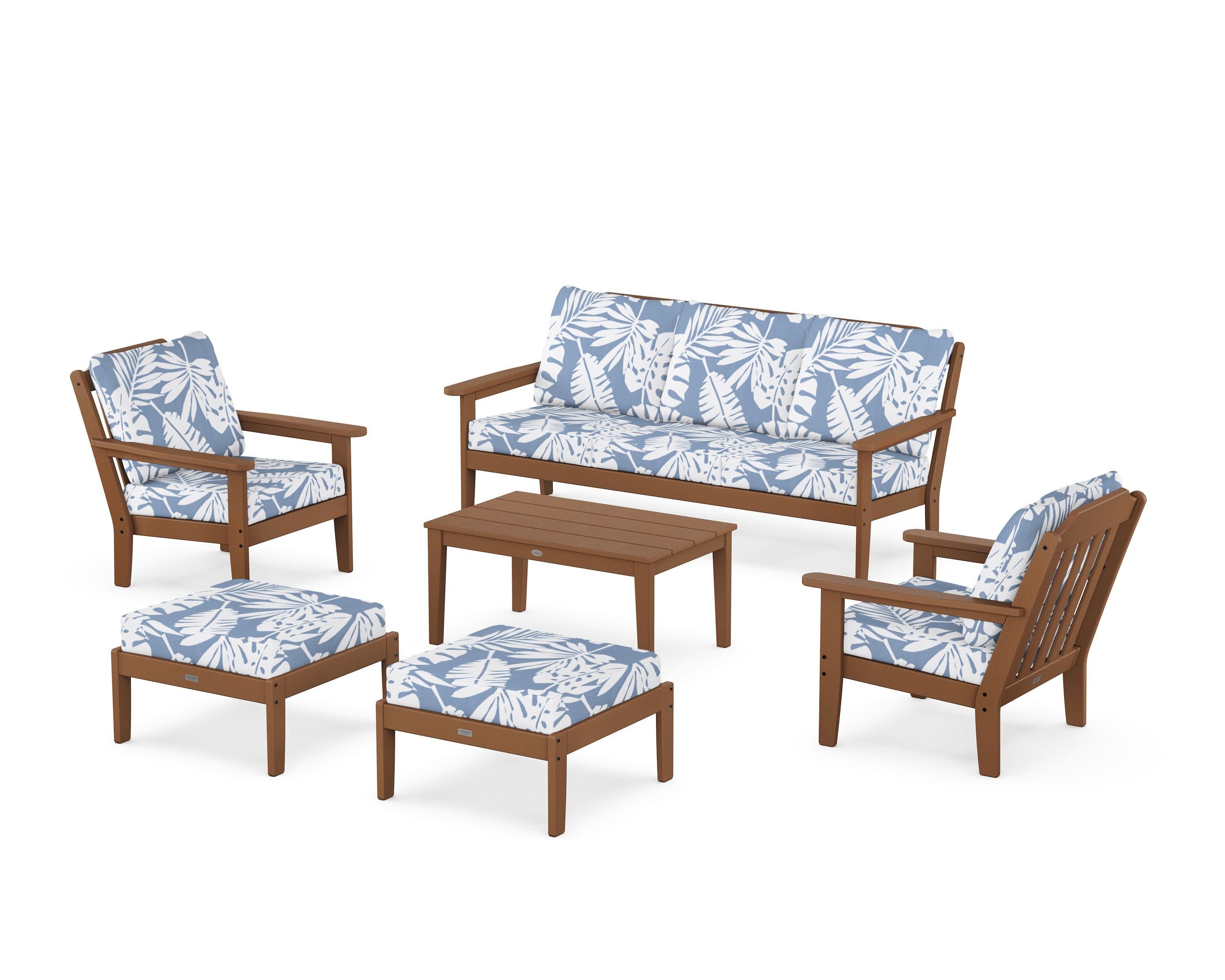 Cottage 6-Piece Lounge Sofa Set in Teak / Leaf Sky Blue