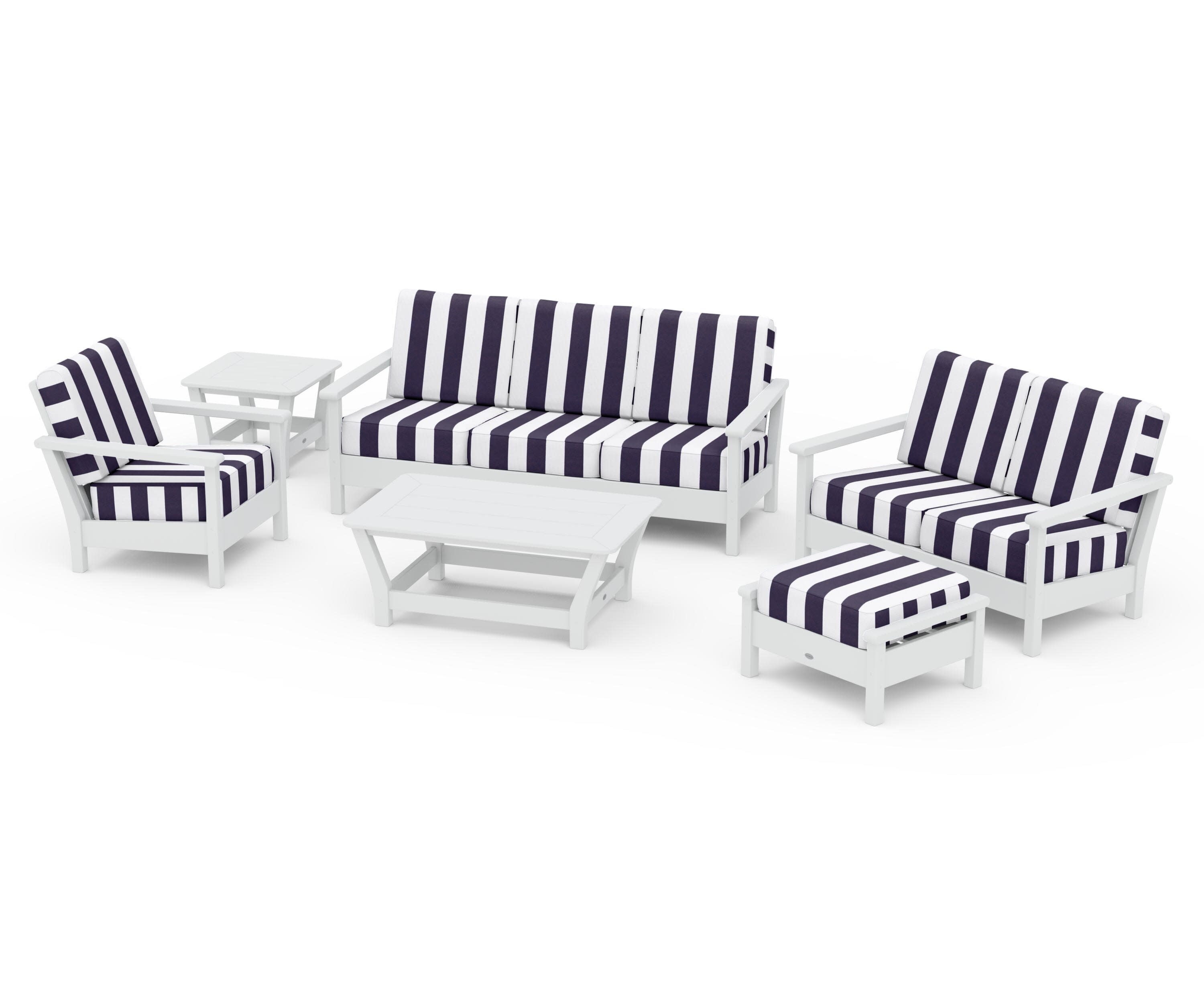 Harbour 6-Piece Outdoor Living Set in White / Cabana Stripe Navy