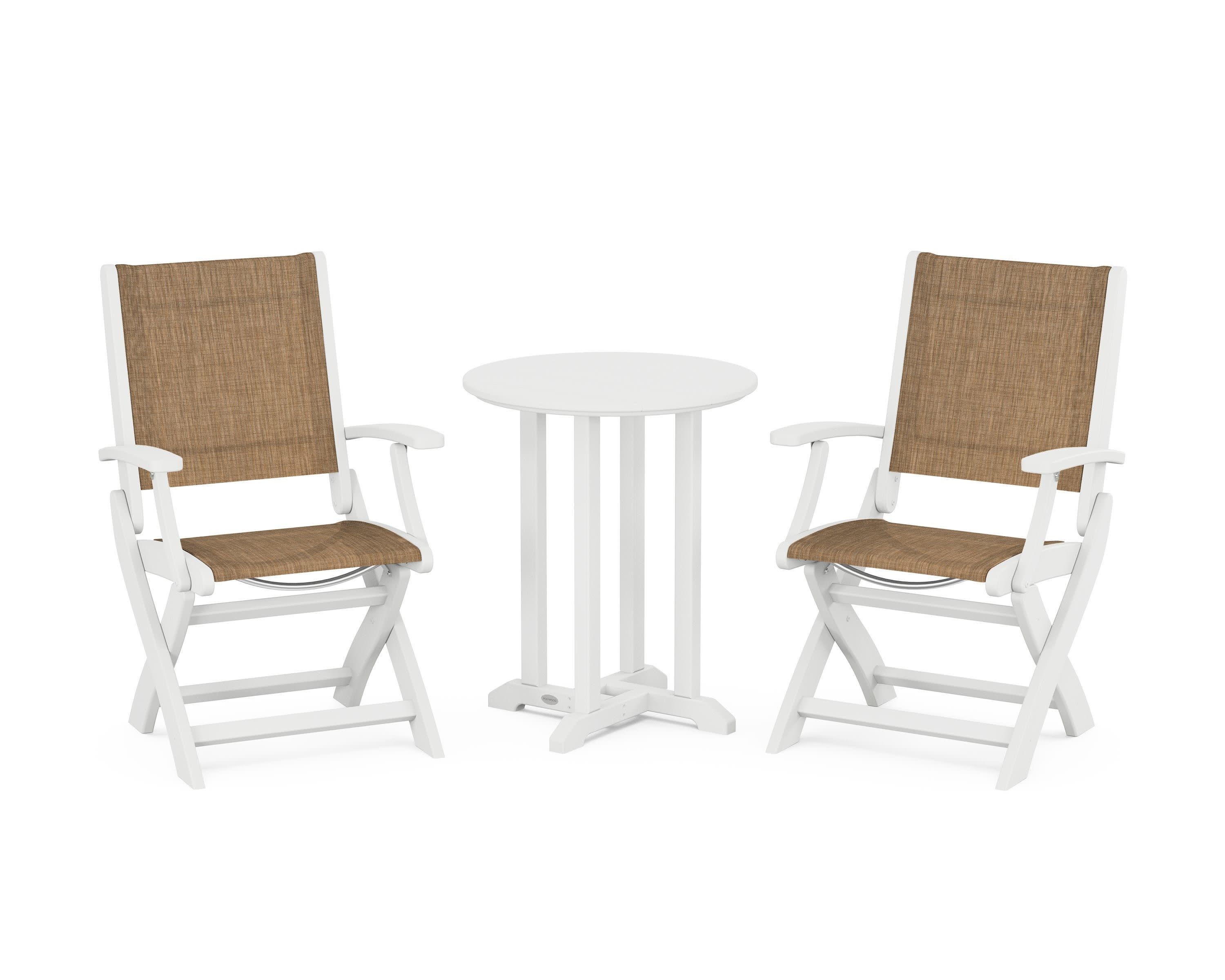 Coastal Folding 3-Piece Round Bistro Dining Set in White / Burlap Sling