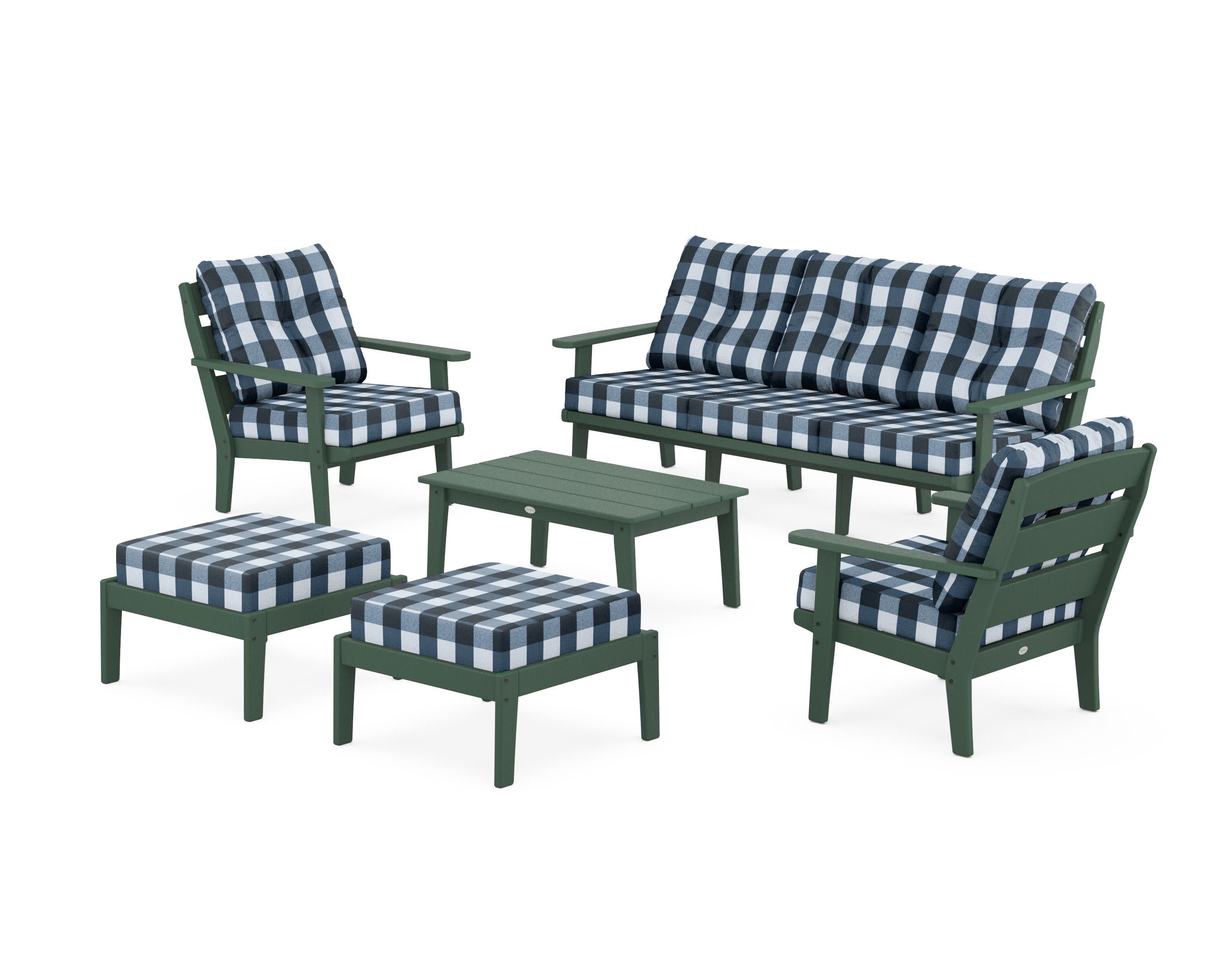 Lakeside 6-Piece Lounge Sofa Set in Green / Buffalo Plaid Marine Indigo