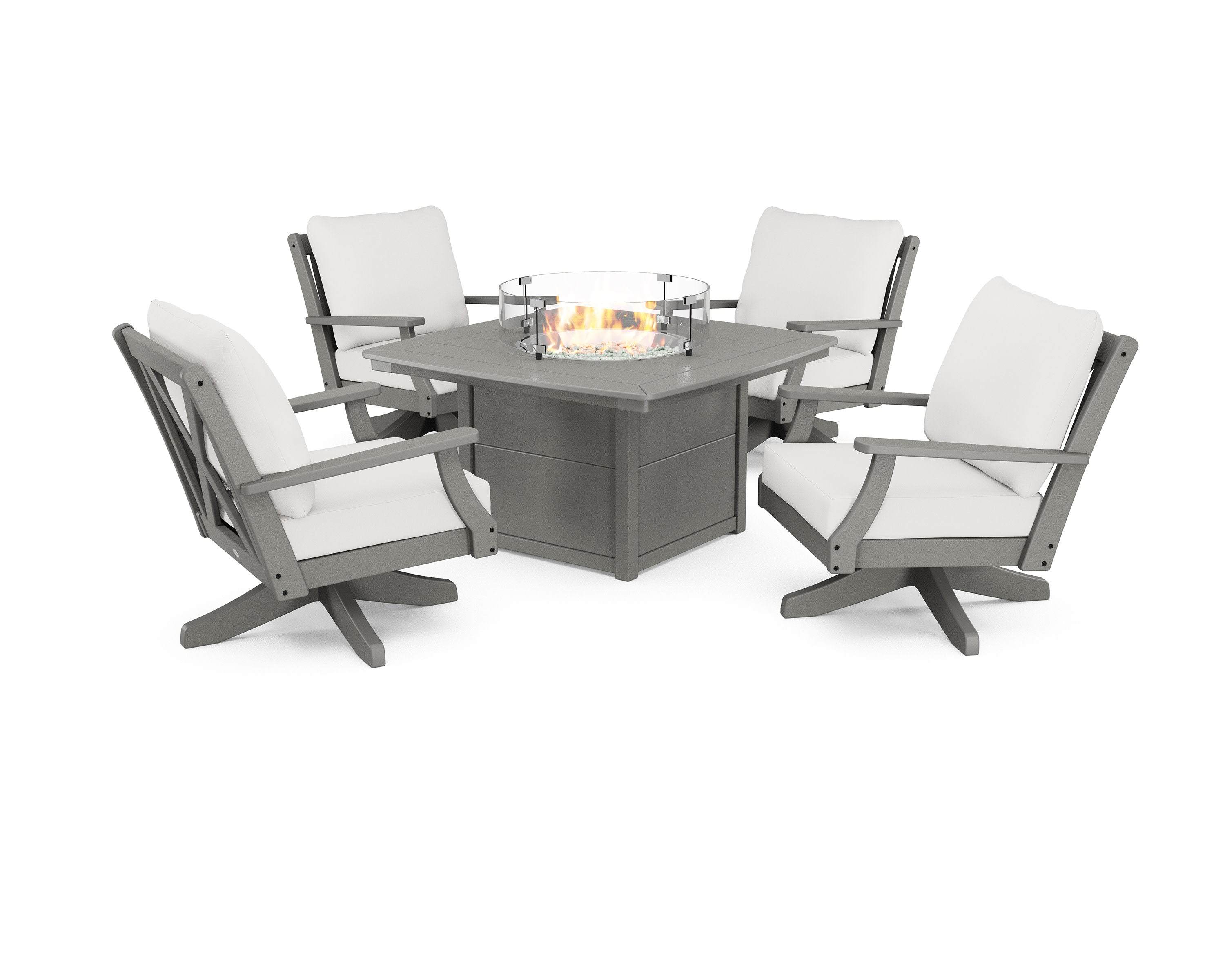 Braxton 5-Piece Deep Seating Swivel Conversation Set with Fire Pit Table in Slate Grey / Natural Linen