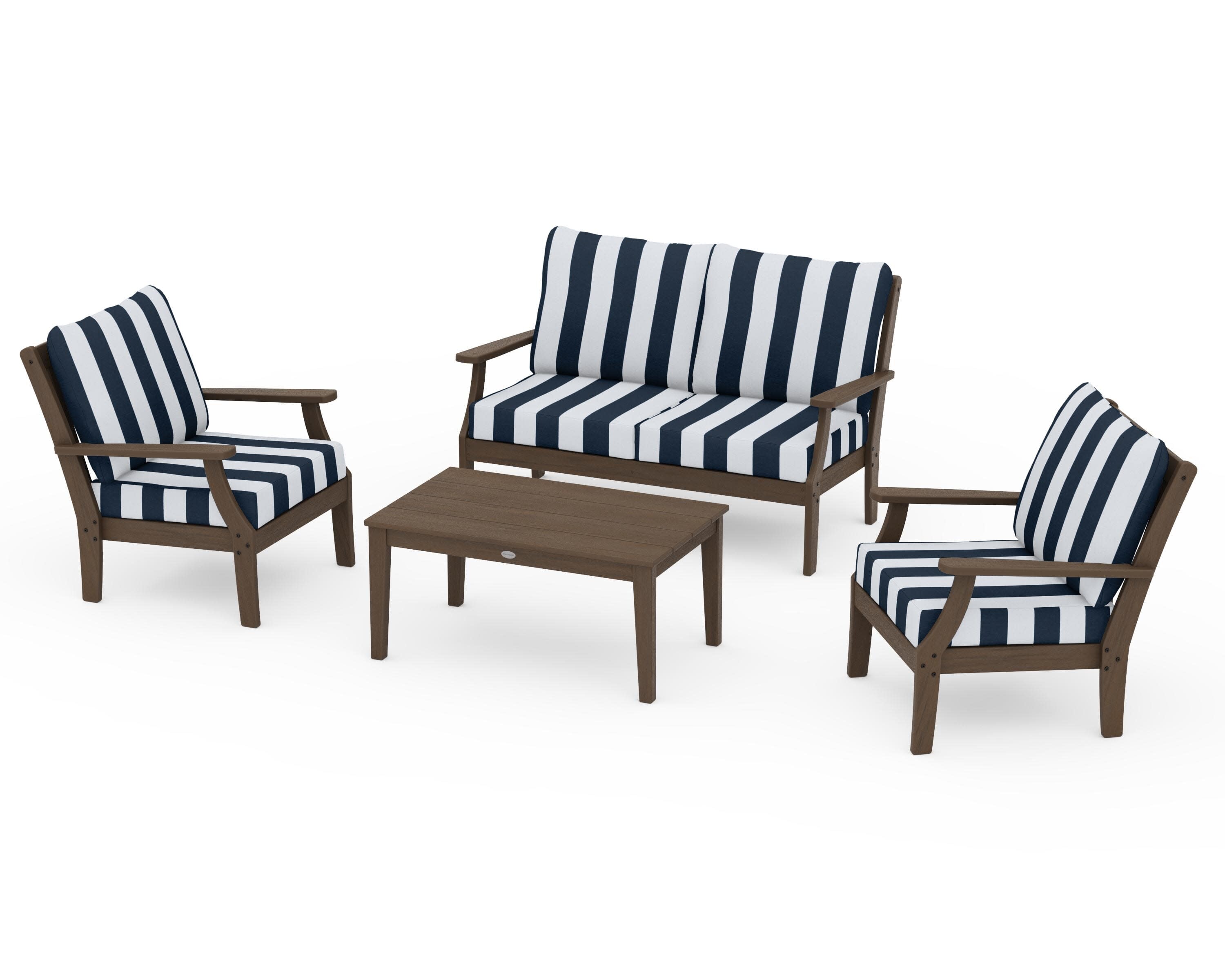 Braxton 4-Piece Deep Seating Chair Set in Kona / Cabana Stripe Marine Indigo