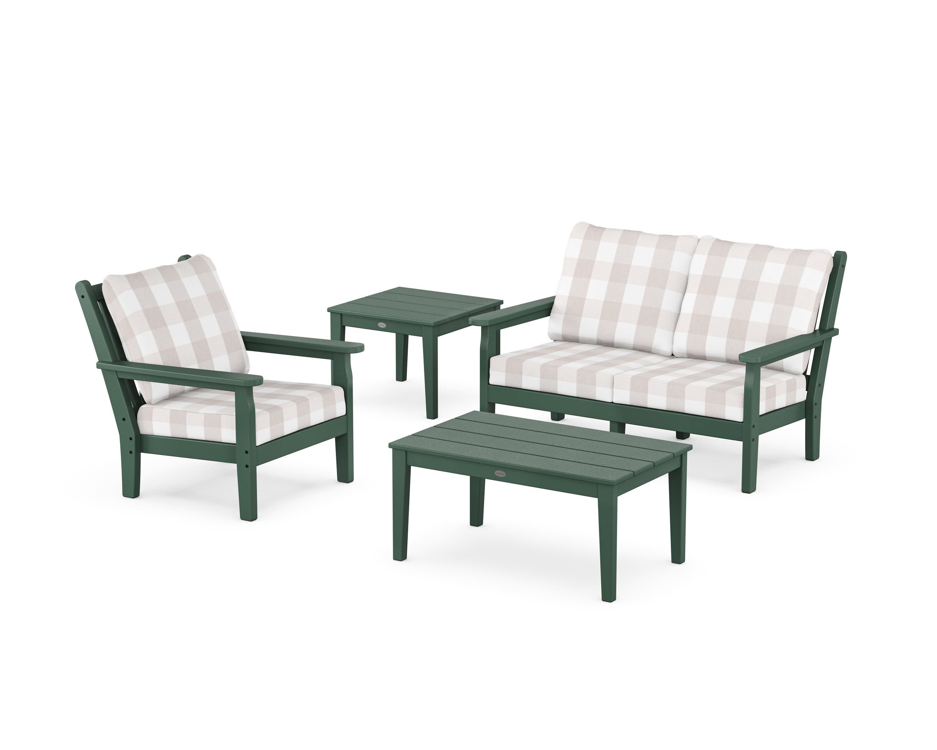 Chippendale 4-Piece Deep Seating Set in Green / Buffalo Plaid Dune Burlap