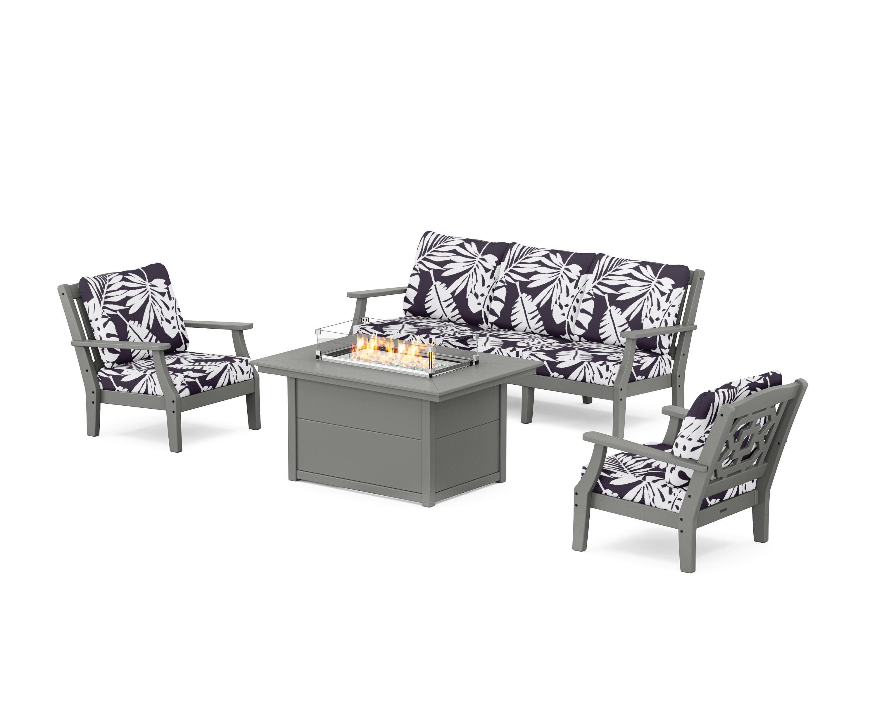 Chinoiserie Deep Seating Fire Pit Table Set in Slate Grey / Leaf Navy