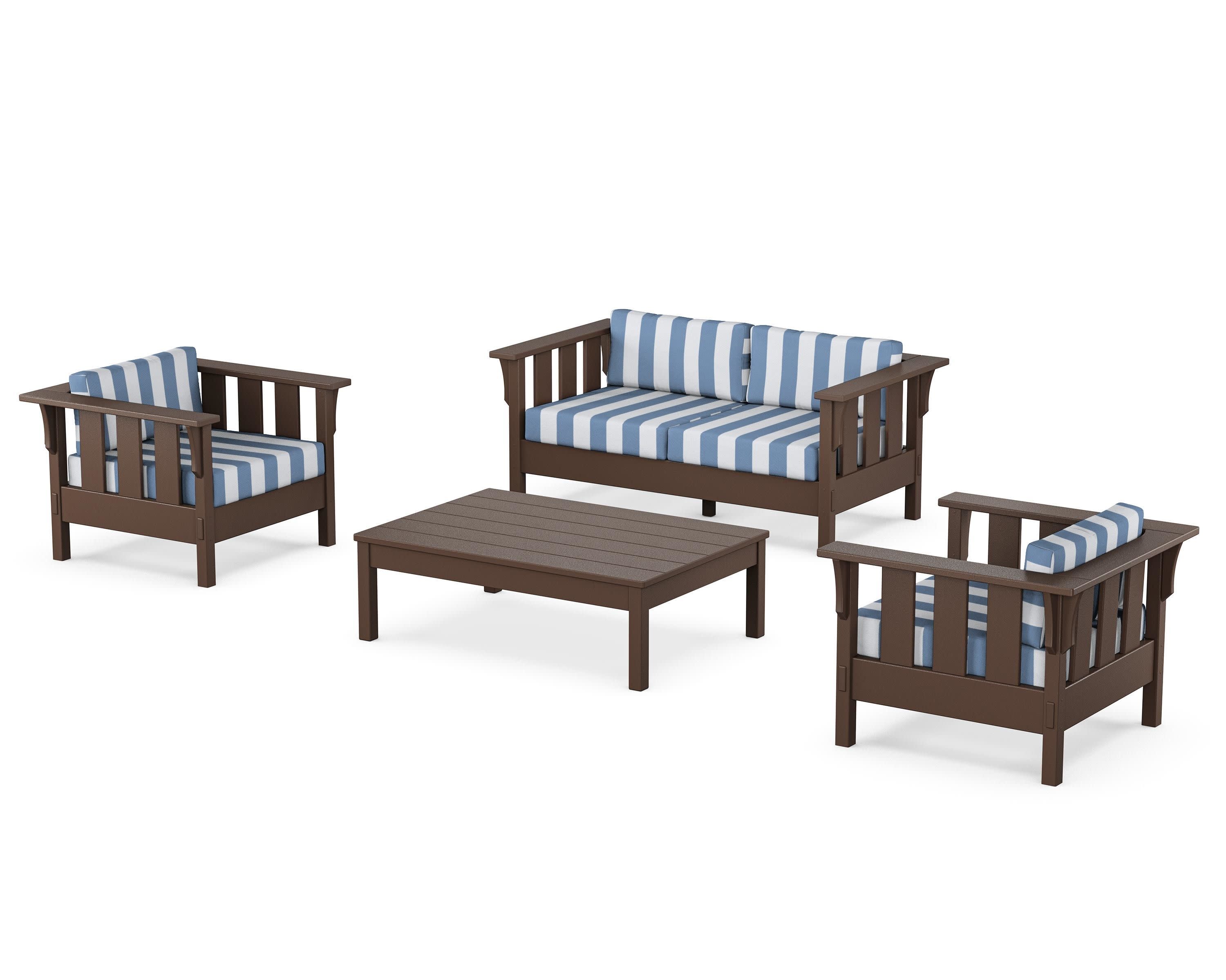 Acadia 4-Piece Deep Seating Set with Loveseat in Mahogany / Cabana Stripe Sky Blue