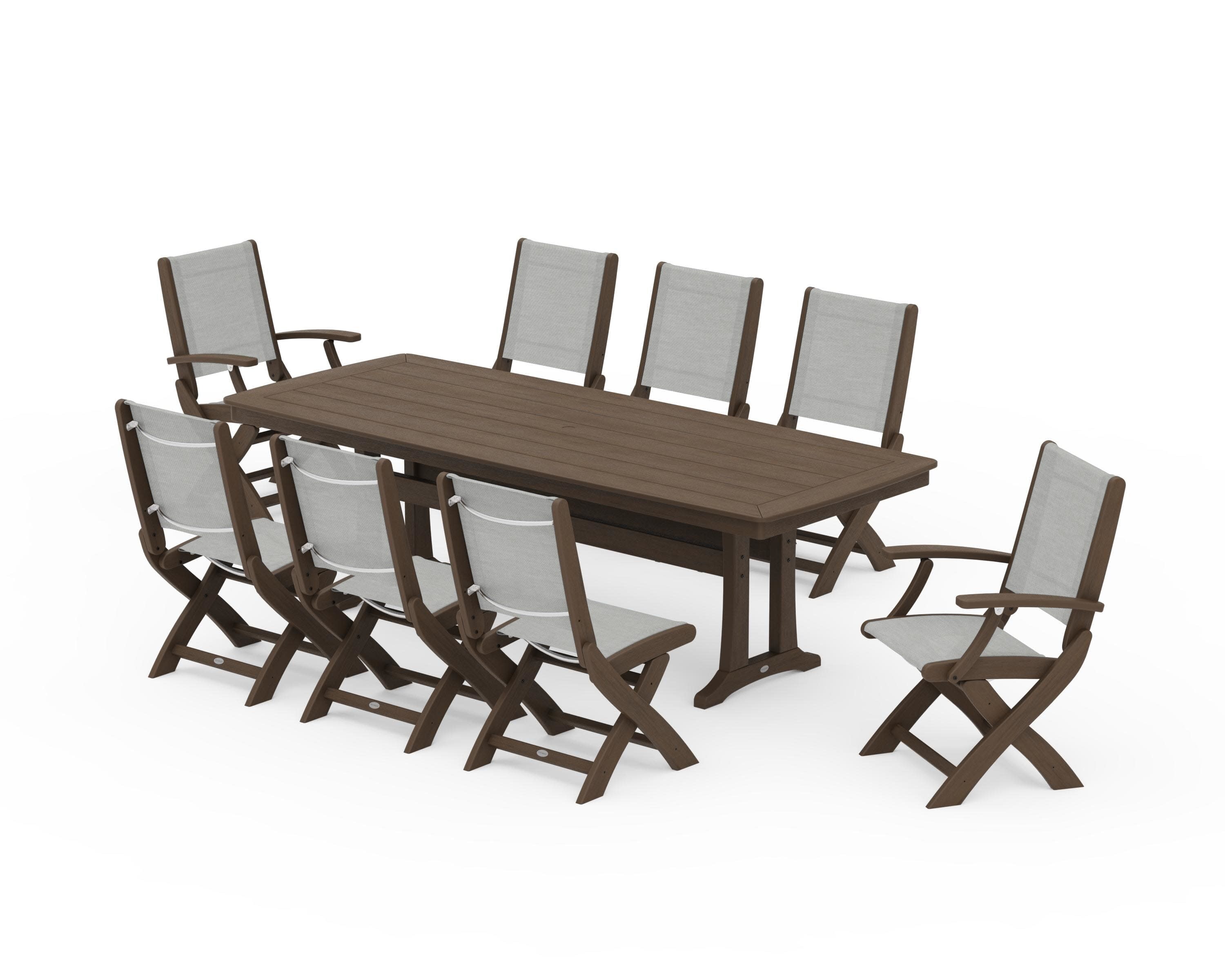 Coastal Folding 9-Piece Dining Set with Trestle Legs in Kona / Metallic Sling