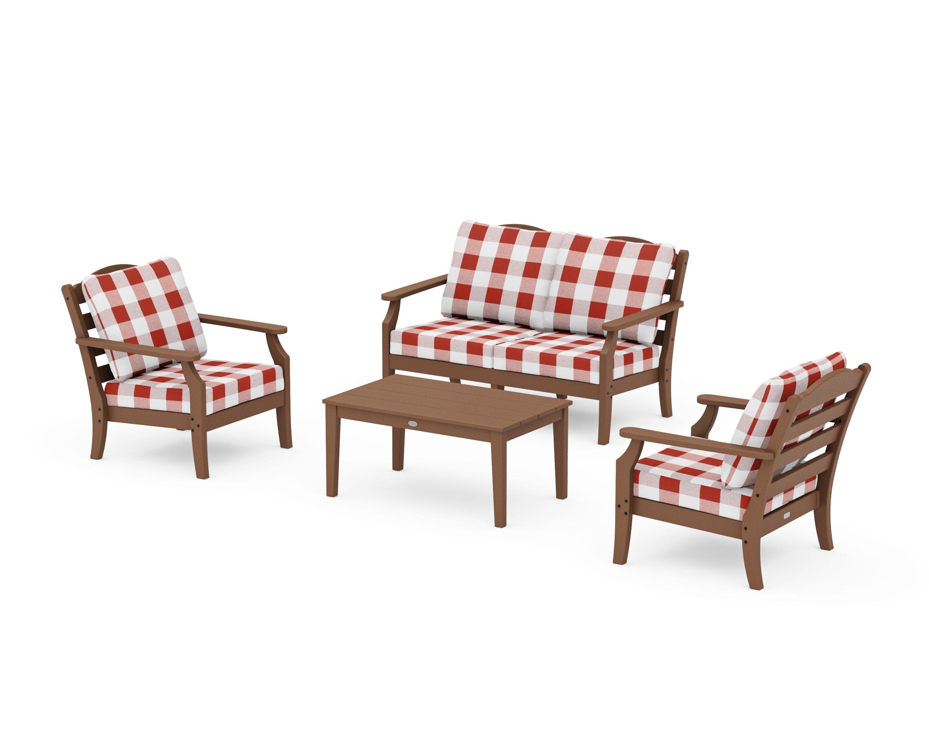 Savannah 4-Piece Deep Seating Set with Loveseat in Teak / Buffalo Plaid Crimson