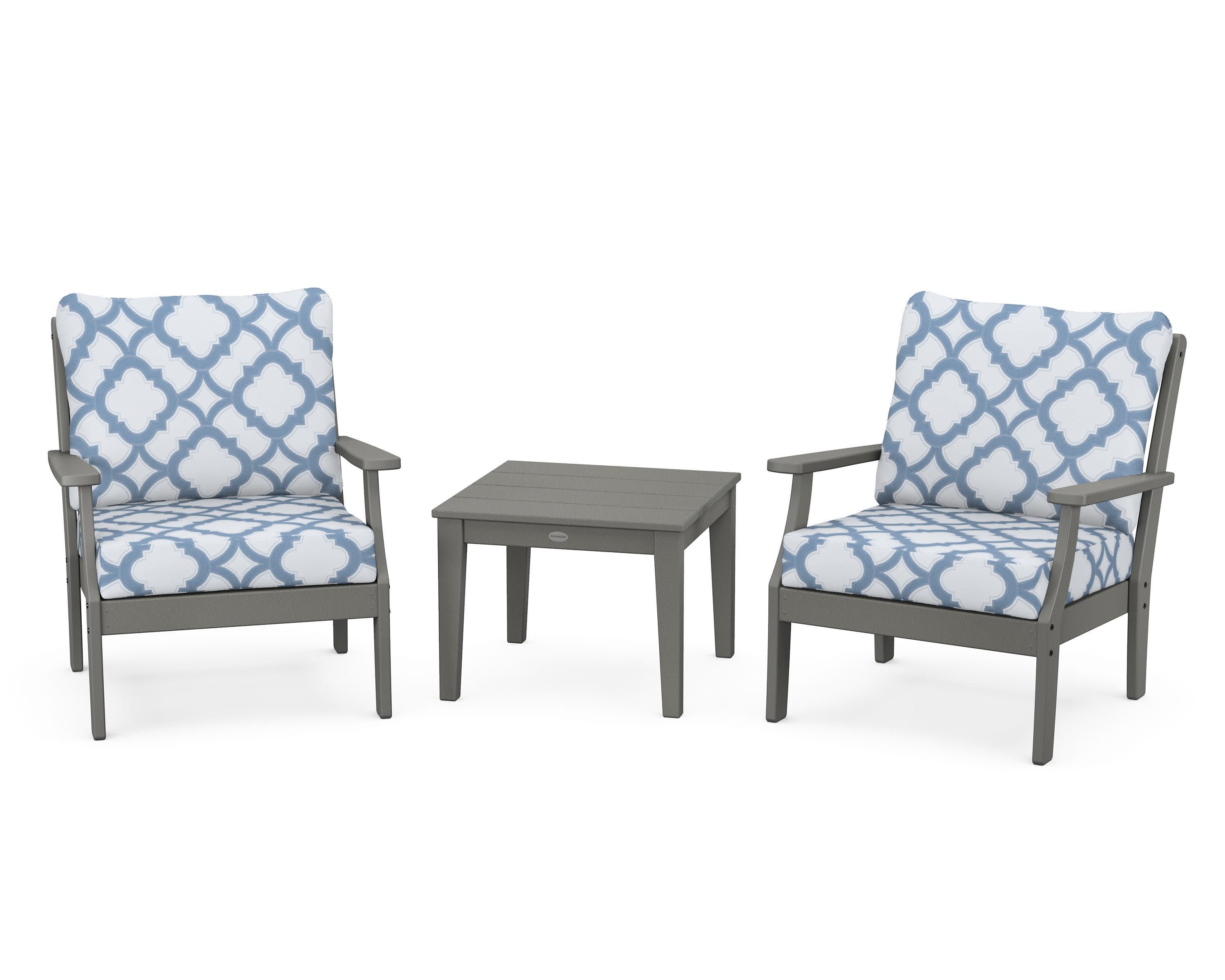 Braxton 3-Piece Deep Seating Set in Slate Grey / Trellis Sky Blue