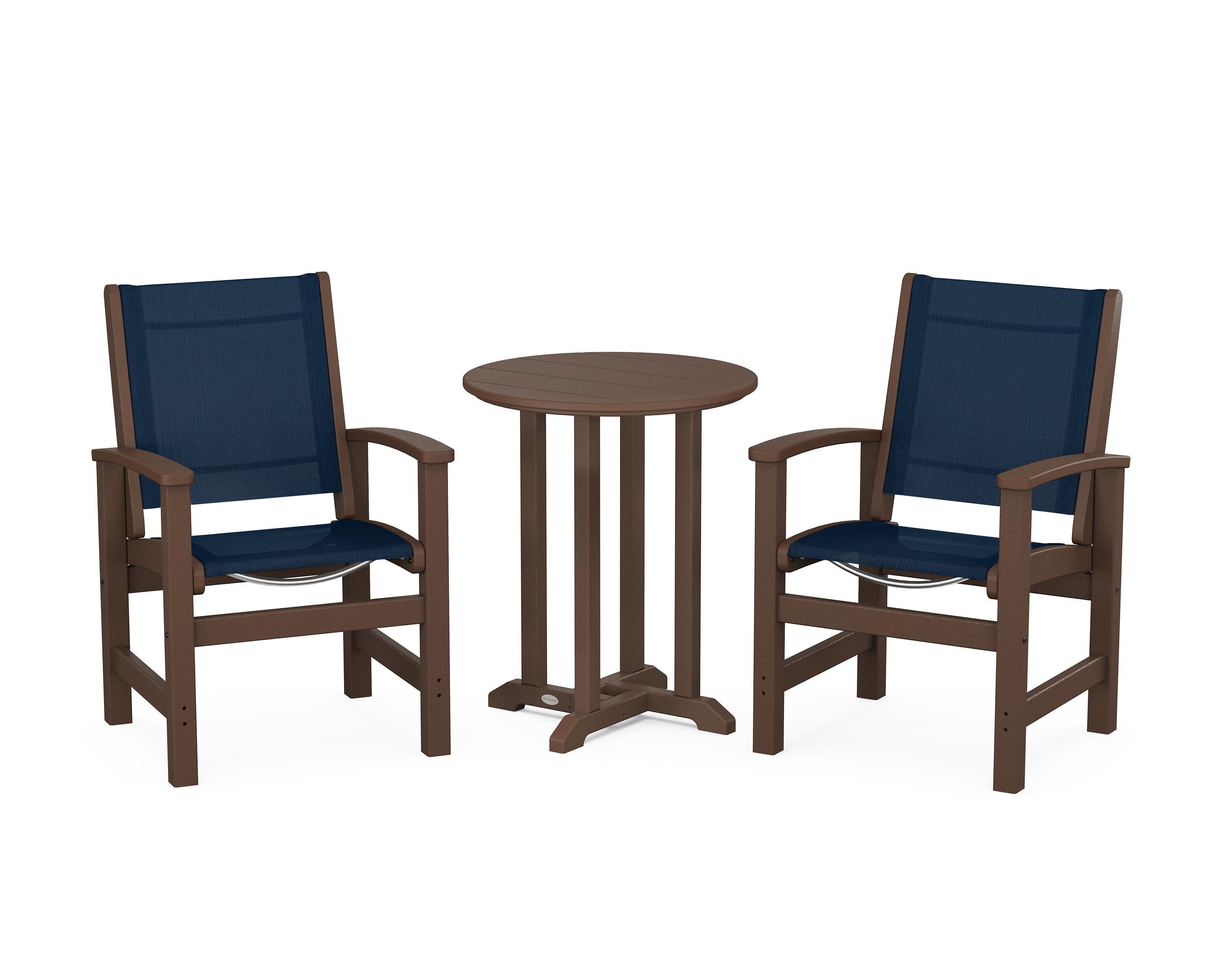 Coastal 3-Piece Round Bistro Dining Set in Mahogany / Navy Blue Sling