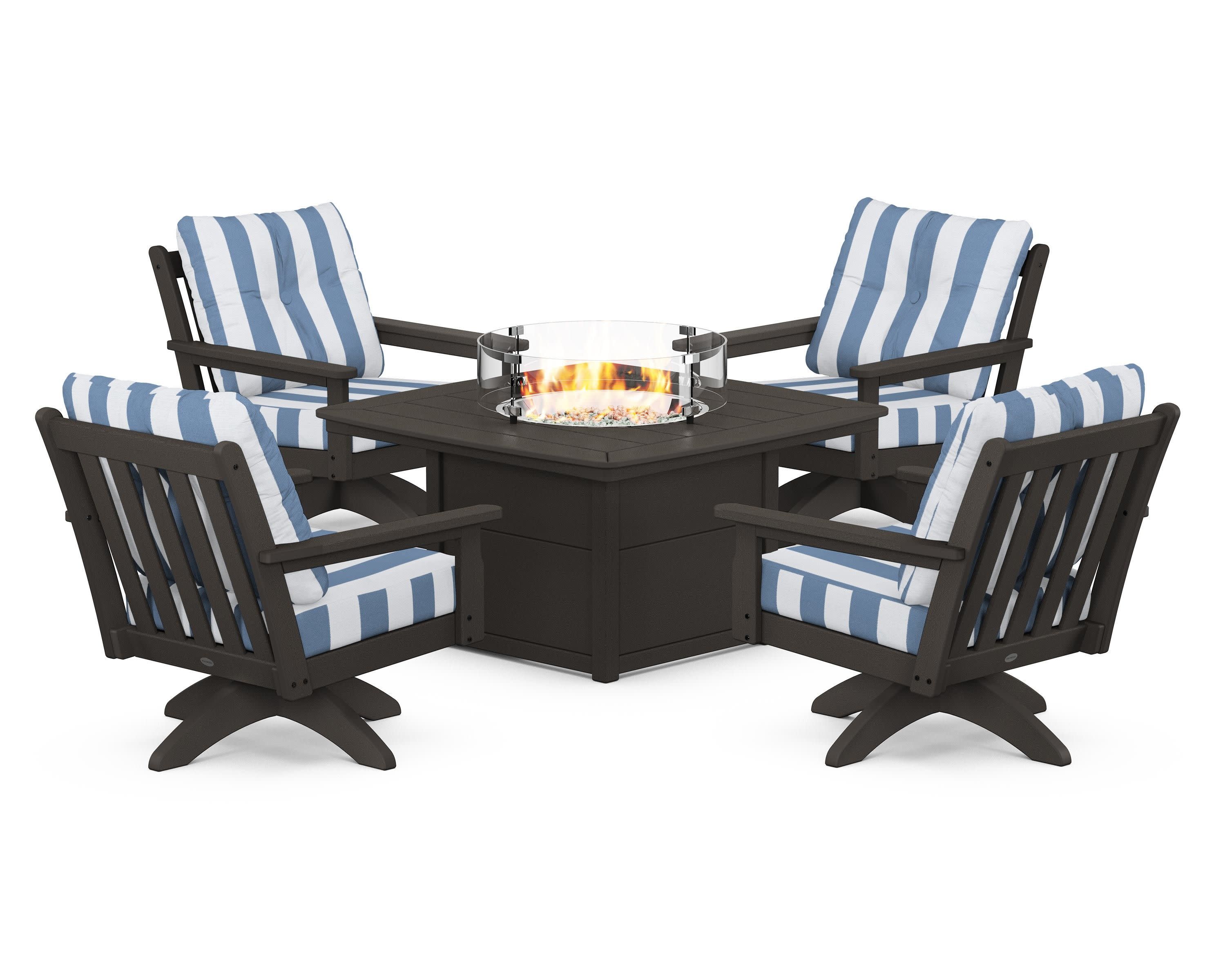 Vineyard 5-Piece Deep Seating Swivel Conversation Set with Fire Pit Table in Vintage Coffee / Cabana Stripe Sky Blue