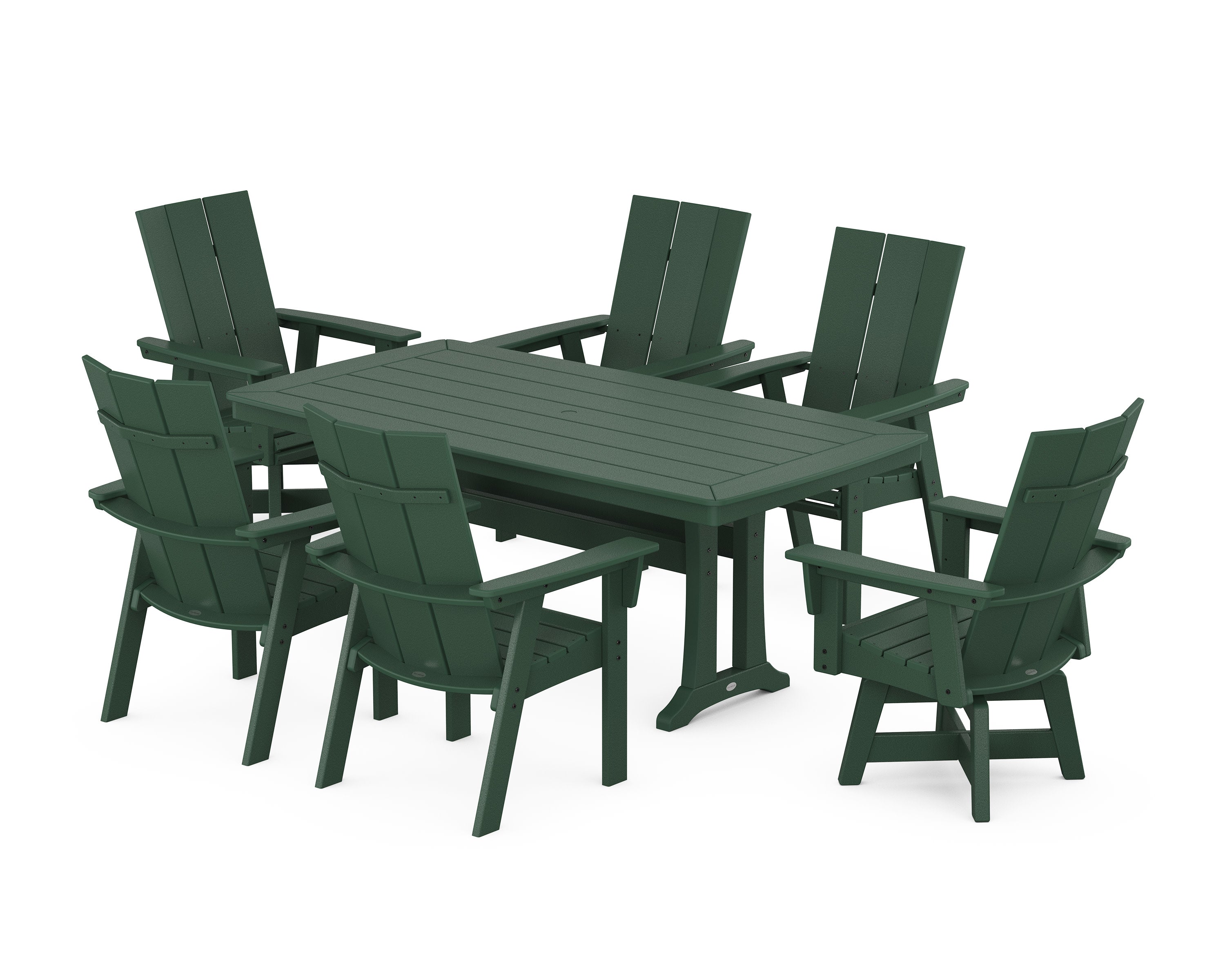 Modern Adirondack Swivel Chair 7-Piece Dining Set with Trestle Legs in Green