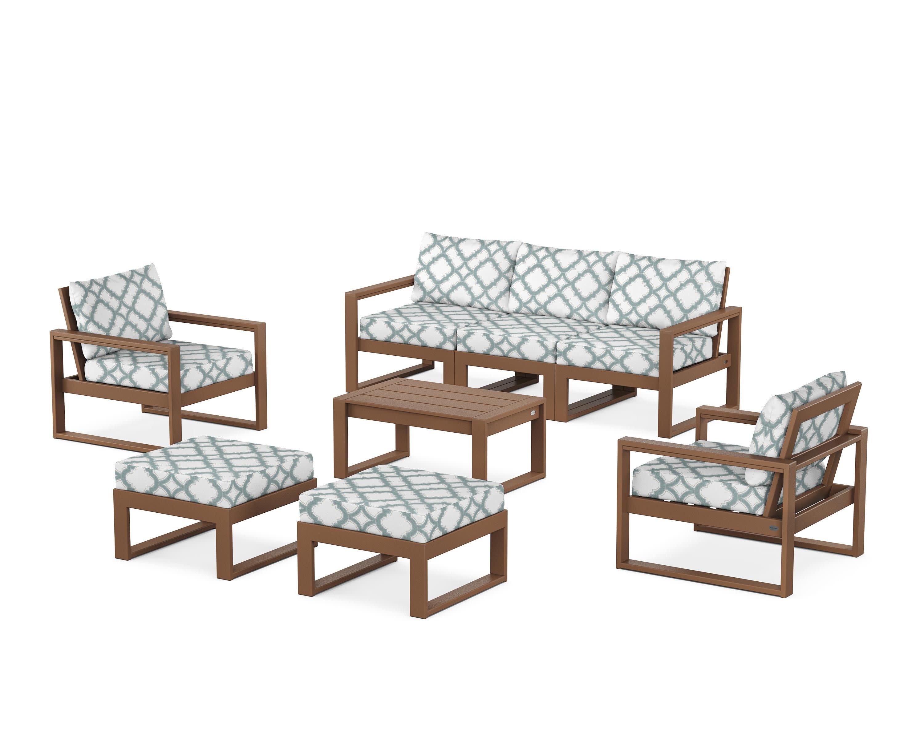 EDGE Sectional 8-Piece Lounge Sofa Set in Teak / Trellis Glacier Spa