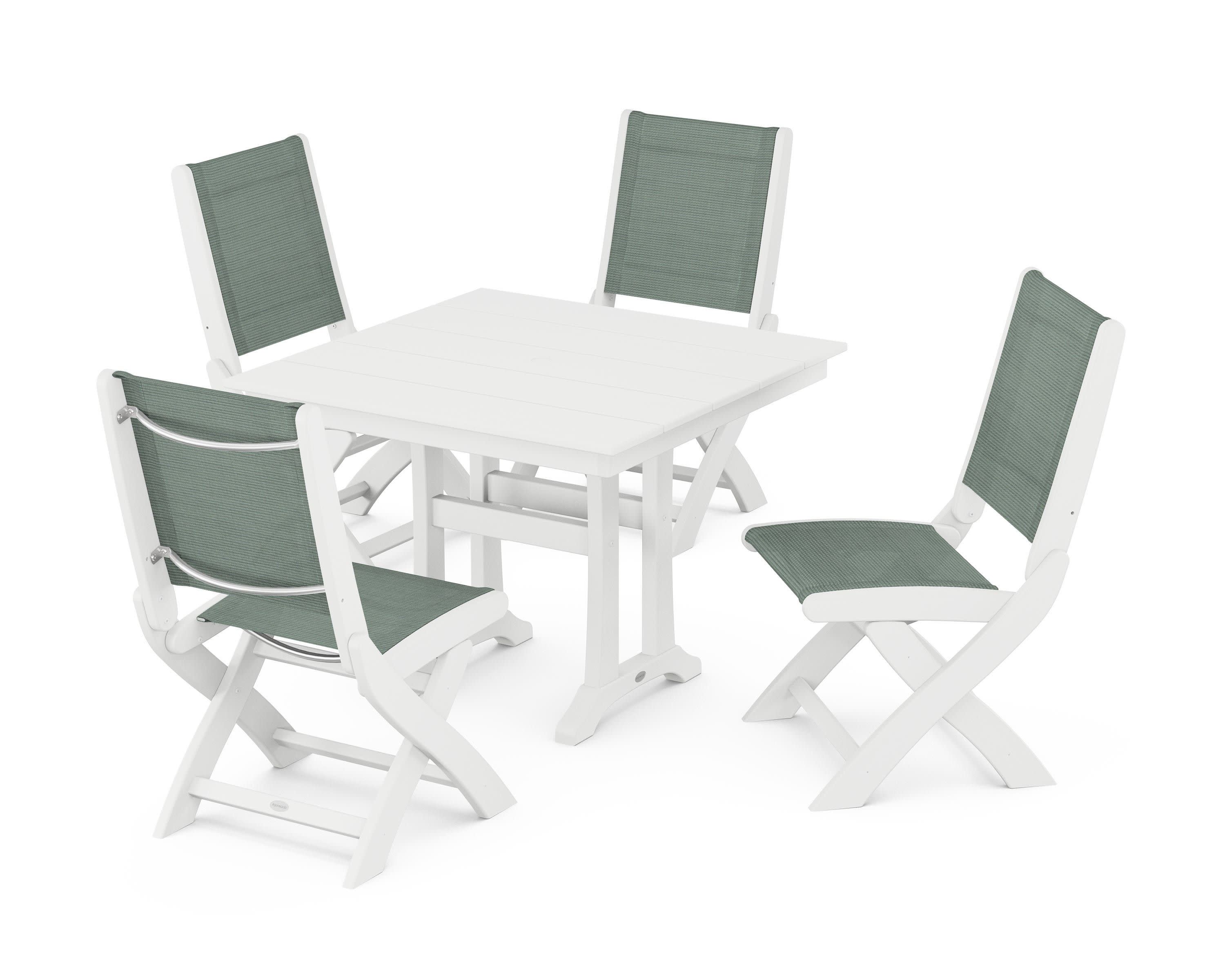 Coastal Folding Side Chair 5-Piece Farmhouse Dining Set With Trestle Legs in White / Dupioni Sea Mist Sling