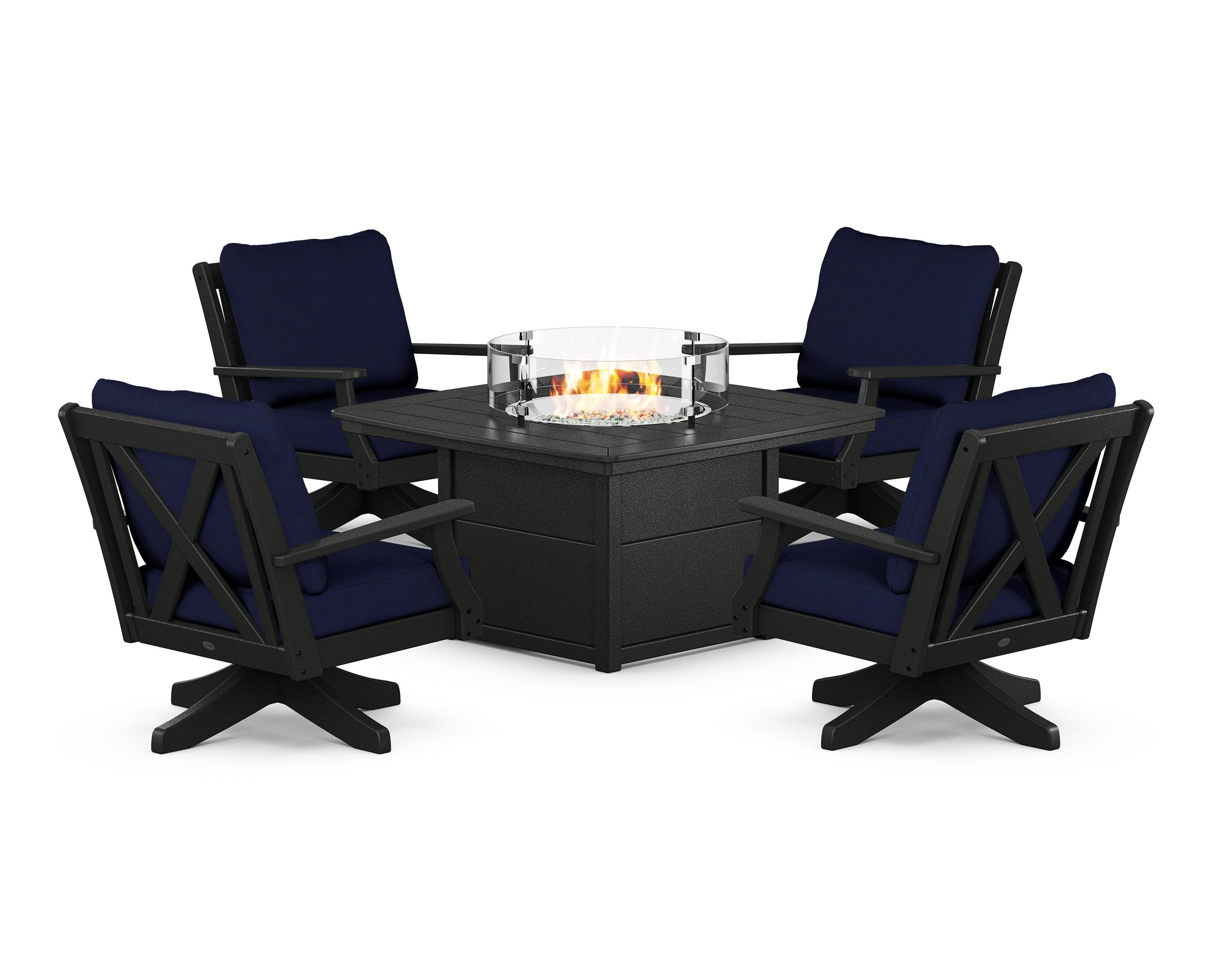 Braxton 5-Piece Deep Seating Swivel Conversation Set with Fire Pit Table in Black / Navy