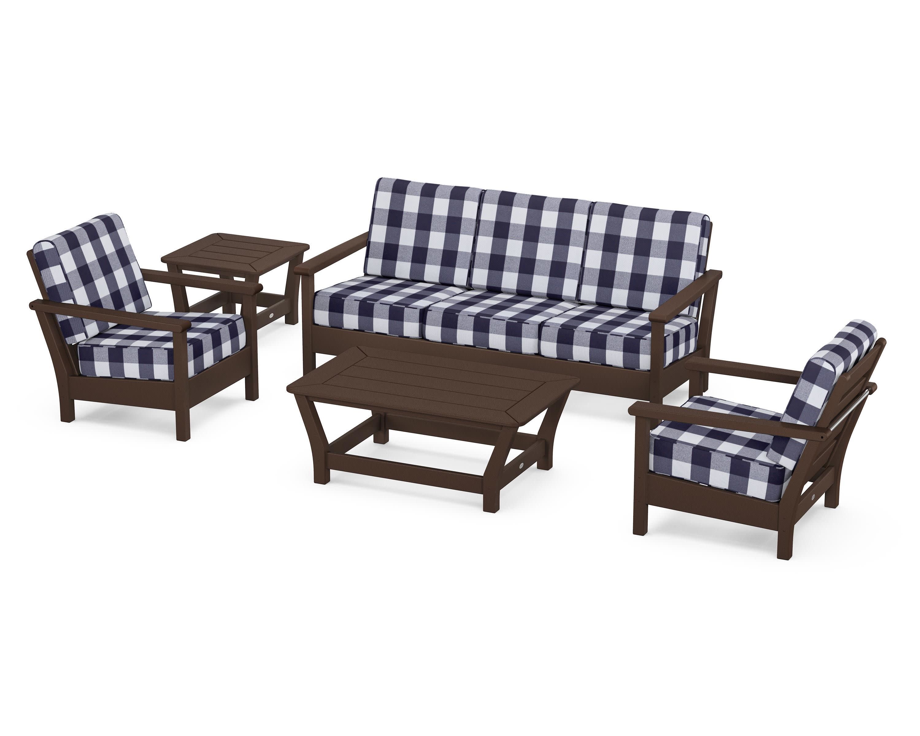 Harbour 5-Piece Deep Seating Set in Mahogany / Buffalo Plaid Navy