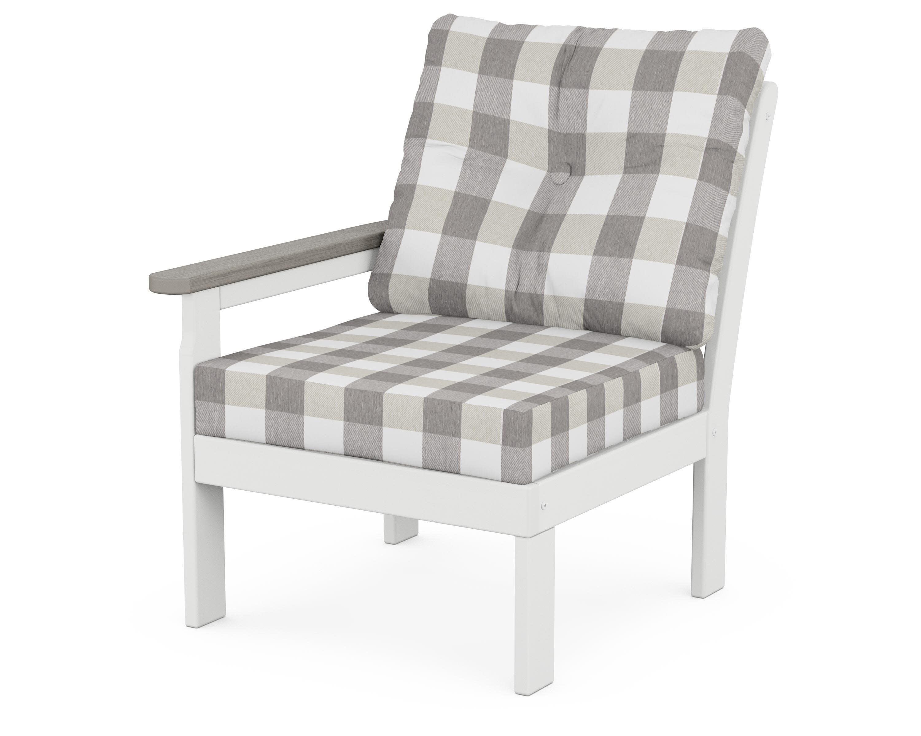 Vineyard Modular Left Arm Chair in White / Driftwood / Buffalo Plaid Grey Mist
