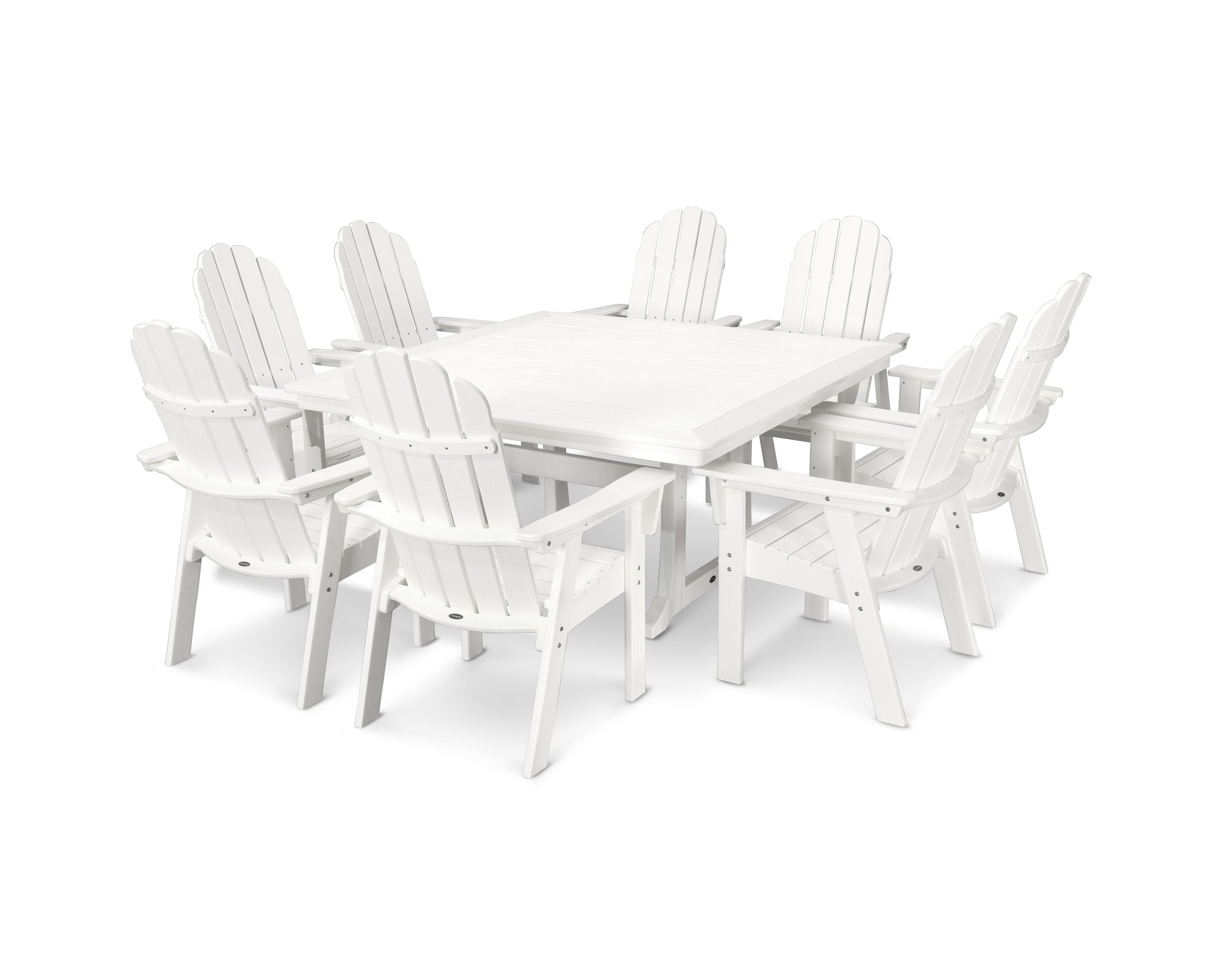 Vineyard Curveback Adirondack 9-Piece Nautical Trestle Dining Set in Vintage White