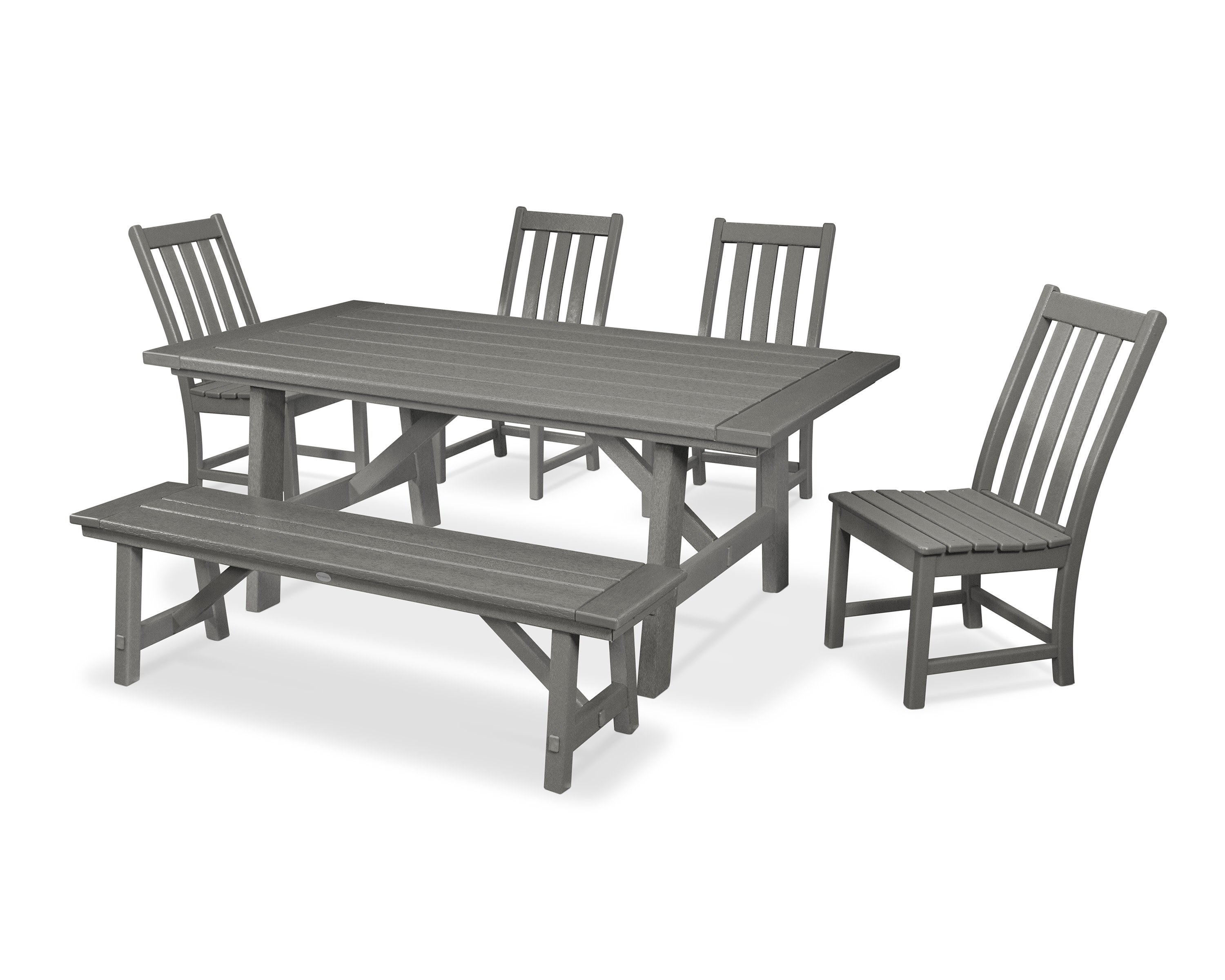 Vineyard 6-Piece Rustic Farmhouse Side Chair Dining Set with Bench in Slate Grey