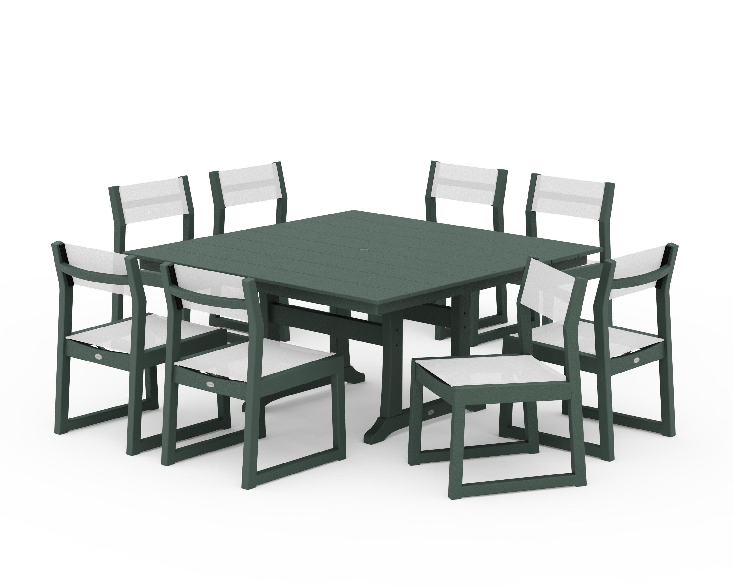 EDGE Sling Side Chair 9-Piece Farmhouse Trestle Dining Set in Green / White Sling
