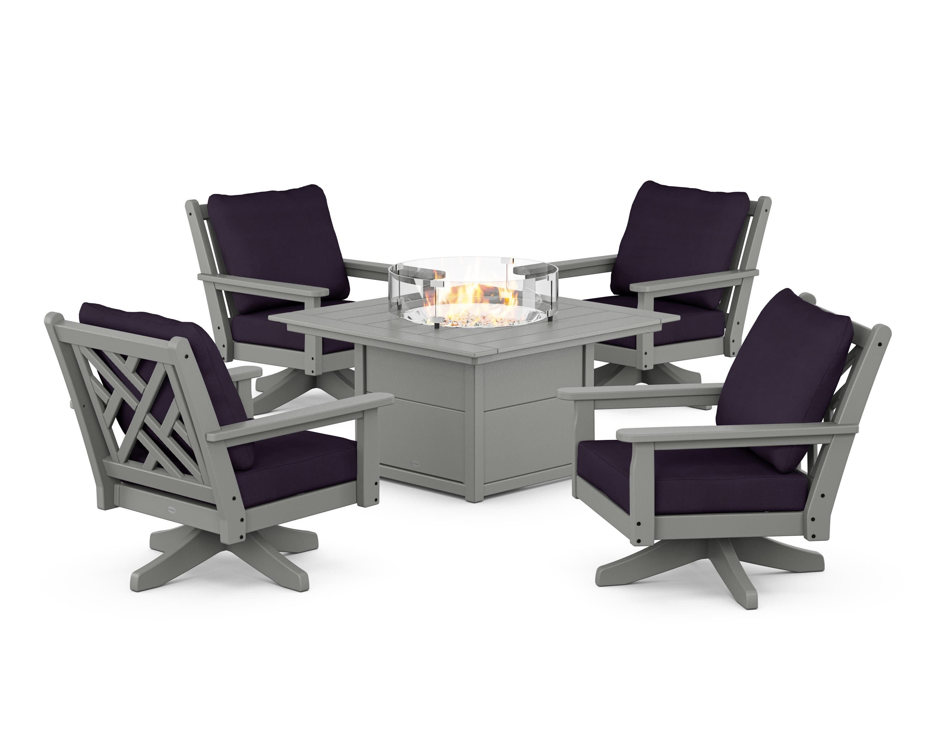 Chippendale 5-Piece Deep Seating Swivel Conversation Set with Fire Pit Table in Slate Grey / Navy Linen
