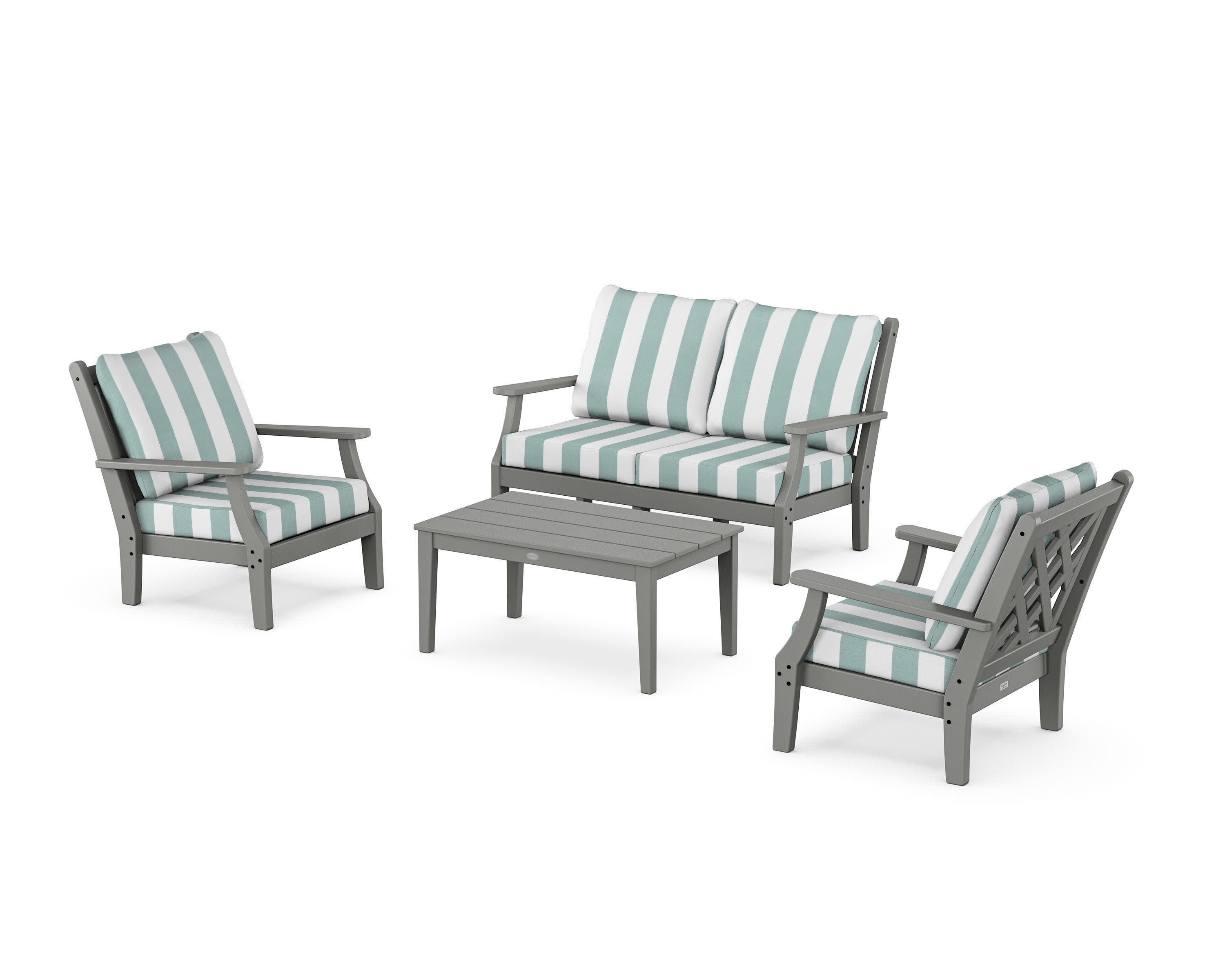 Wovendale 4-Piece Deep Seating Set with Loveseat in Slate Grey / Cabana Stripe Glacier Spa