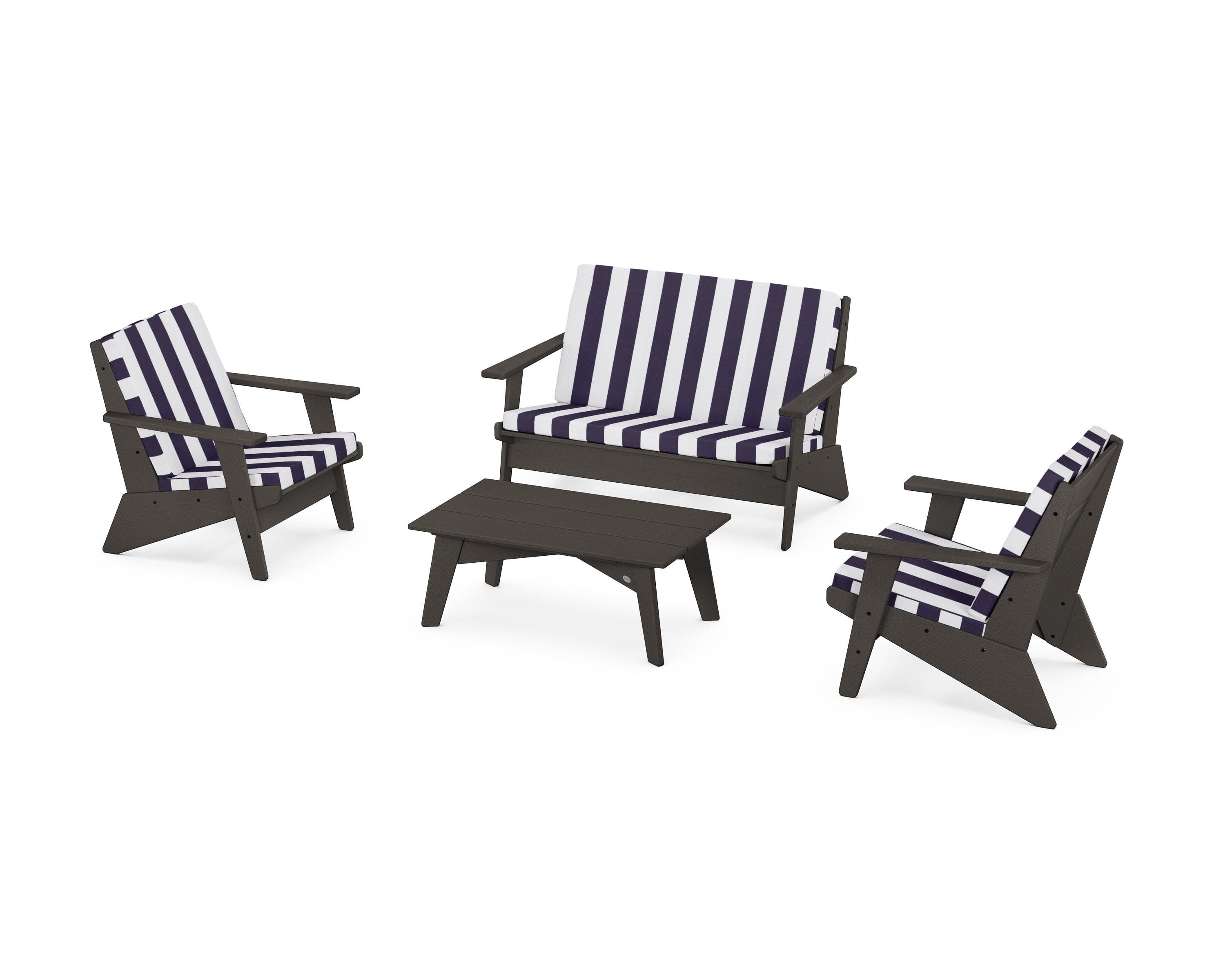 Riviera Modern Lounge 4-Piece Set in Vintage Coffee / Cabana Stripe Navy