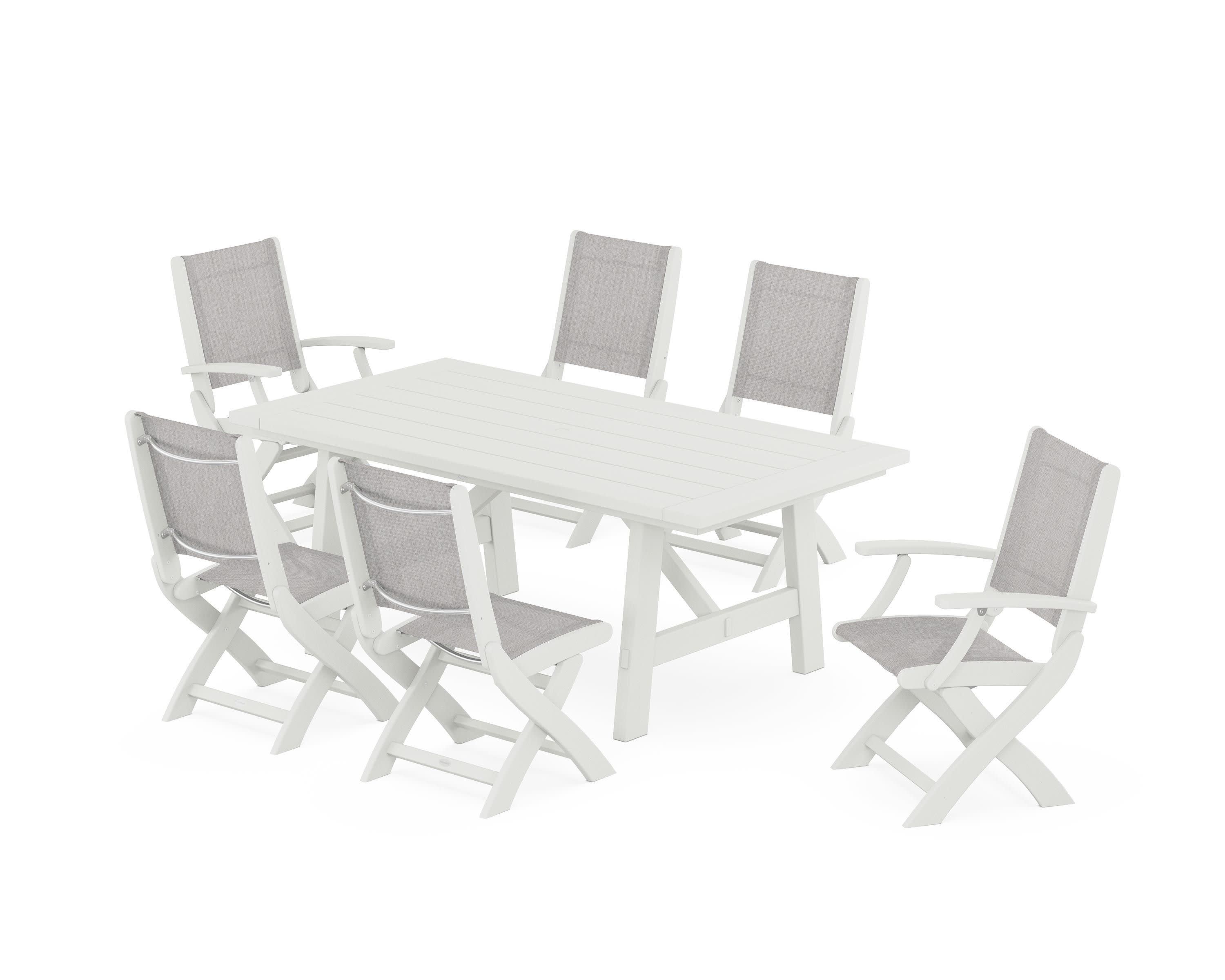 Coastal Folding Chair 7-Piece Rustic Farmhouse Dining Set in Vintage White / Parchment Sling