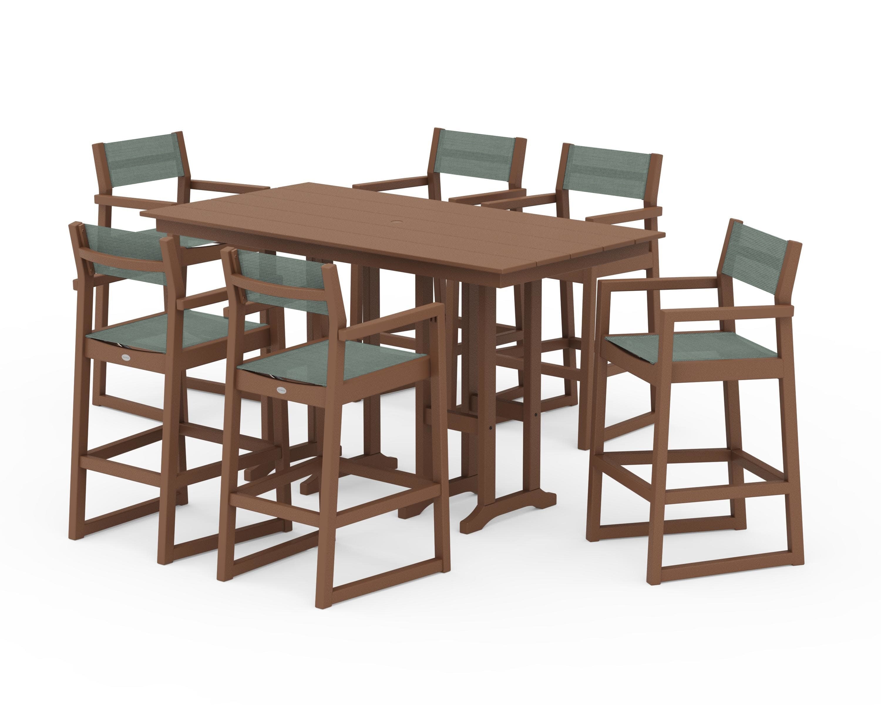 EDGE Sling Arm Chair 7-Piece Farmhouse Bar Set in Teak / Dupioni Sea Mist Sling