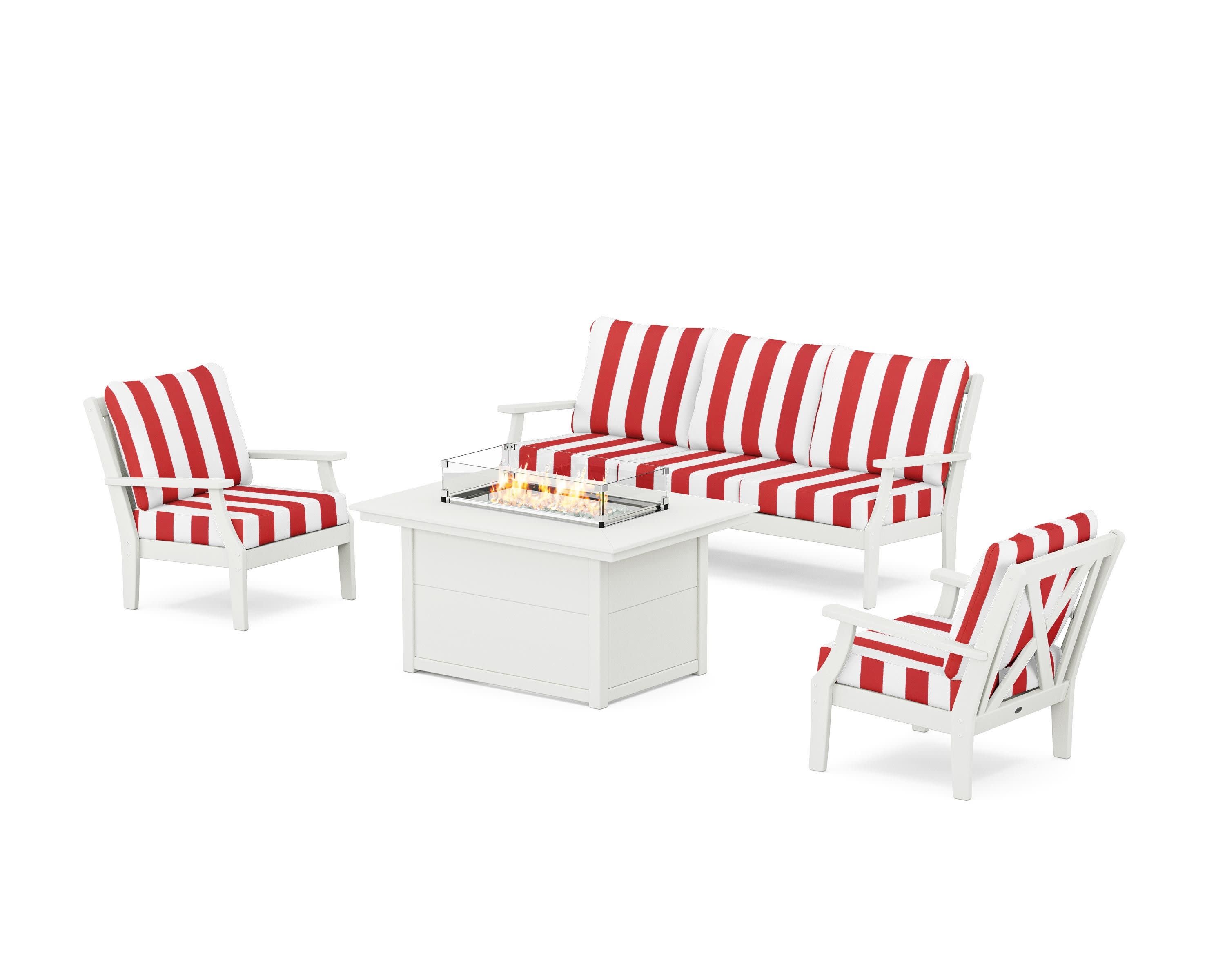 Braxton Deep Seating Fire Pit Table Set in Vintage White / Cabana Stripe Crimson