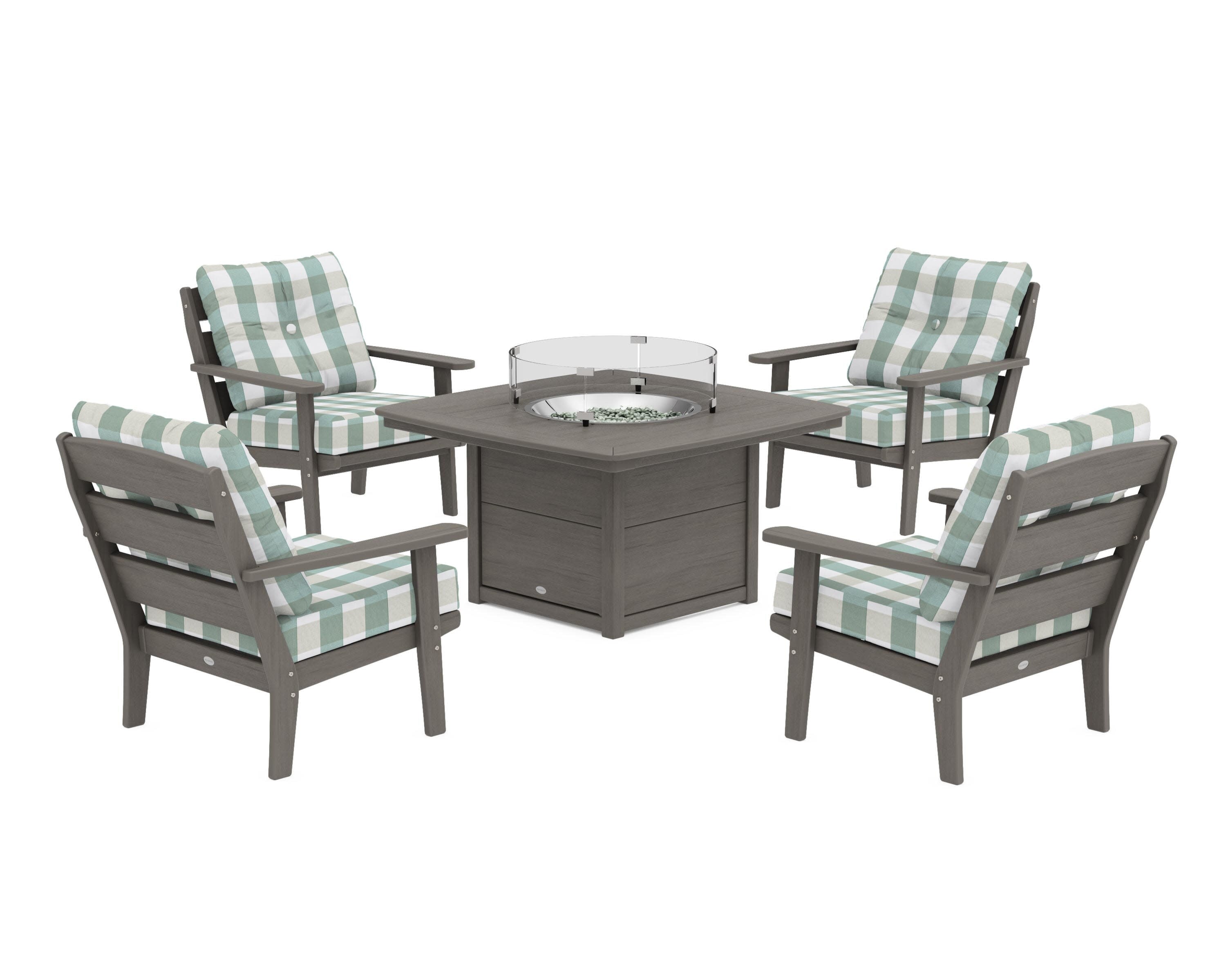 Lakeside 5-Piece Deep Seating Set with Nautical Fire Pit Table in Driftwood / Buffalo Plaid Glacier Spa