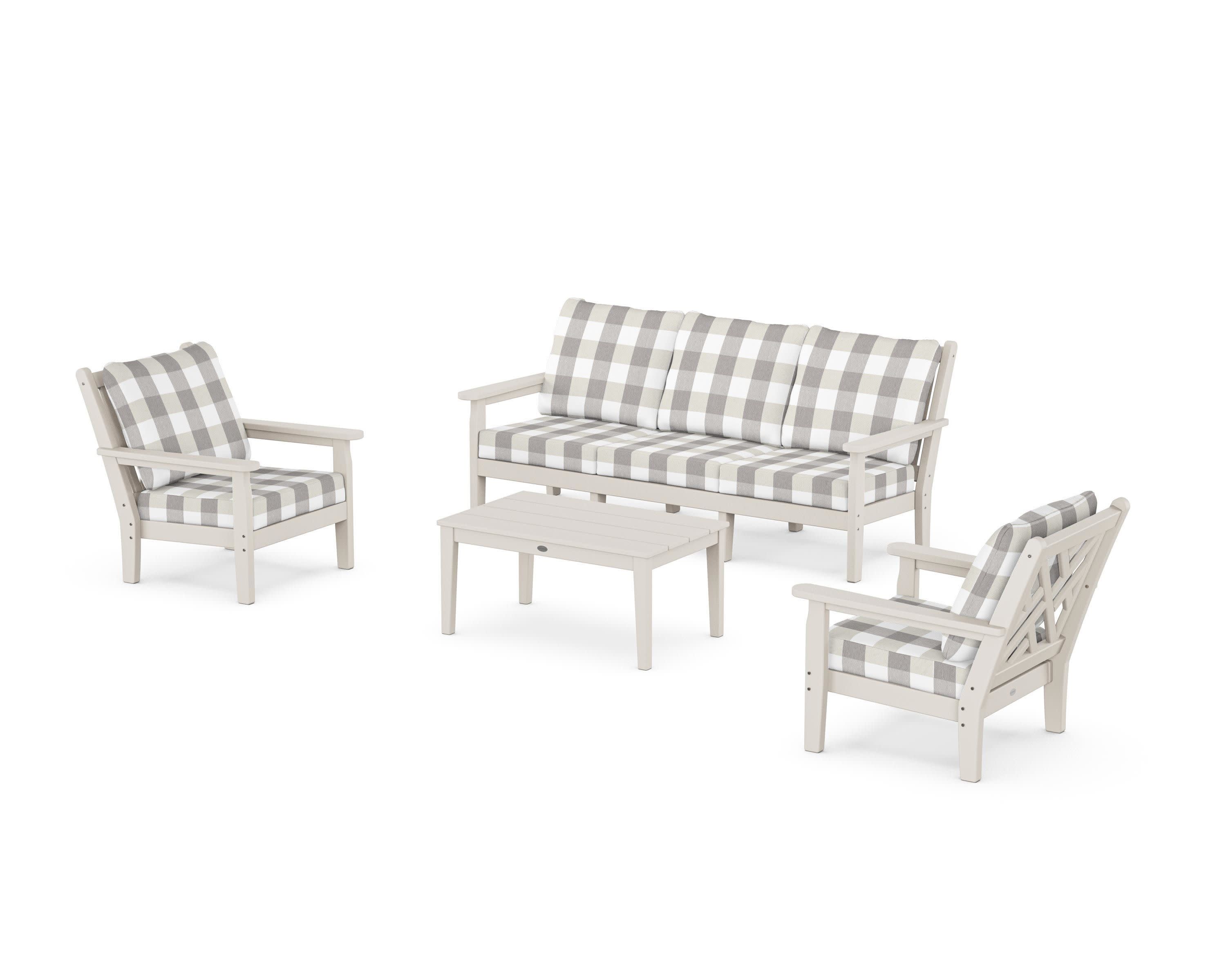 Chippendale 4-Piece Deep Seating Set with Sofa in Sand / Buffalo Plaid Grey Mist