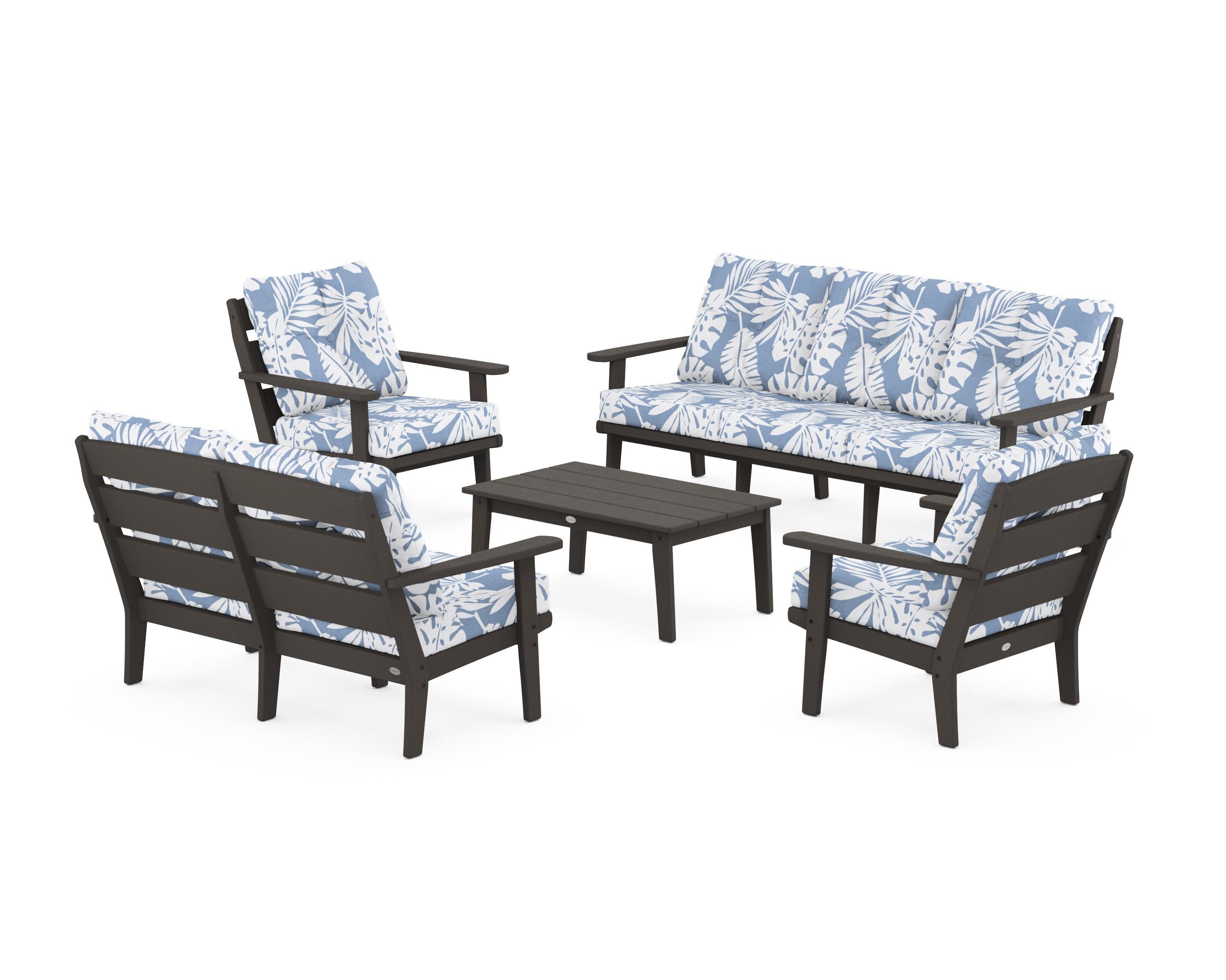 Lakeside 5-Piece Lounge Sofa Set in Vintage Coffee / Leaf Sky Blue