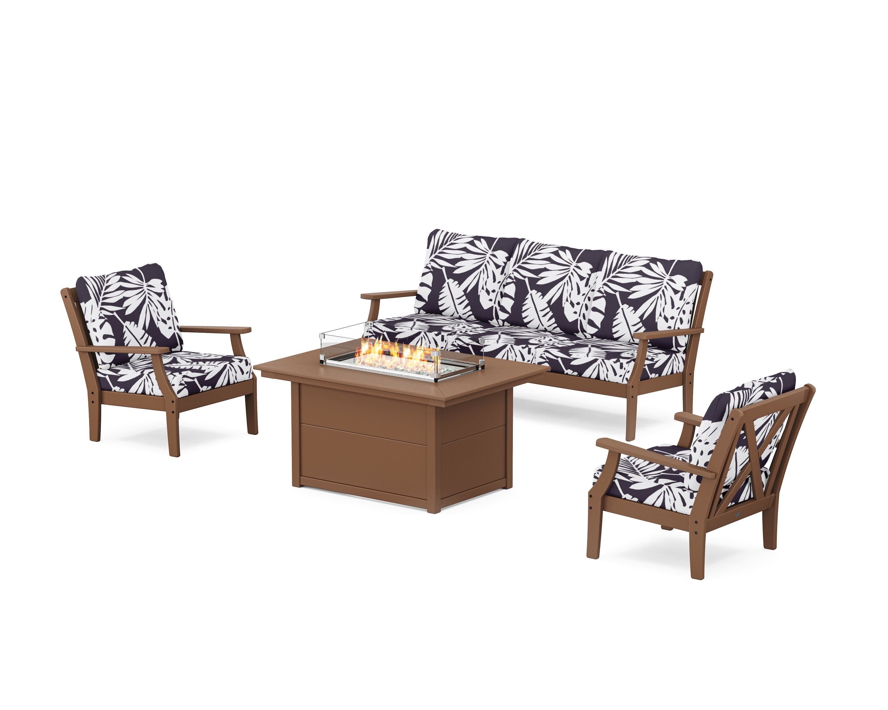 Braxton Deep Seating Fire Pit Table Set in Teak / Leaf Navy
