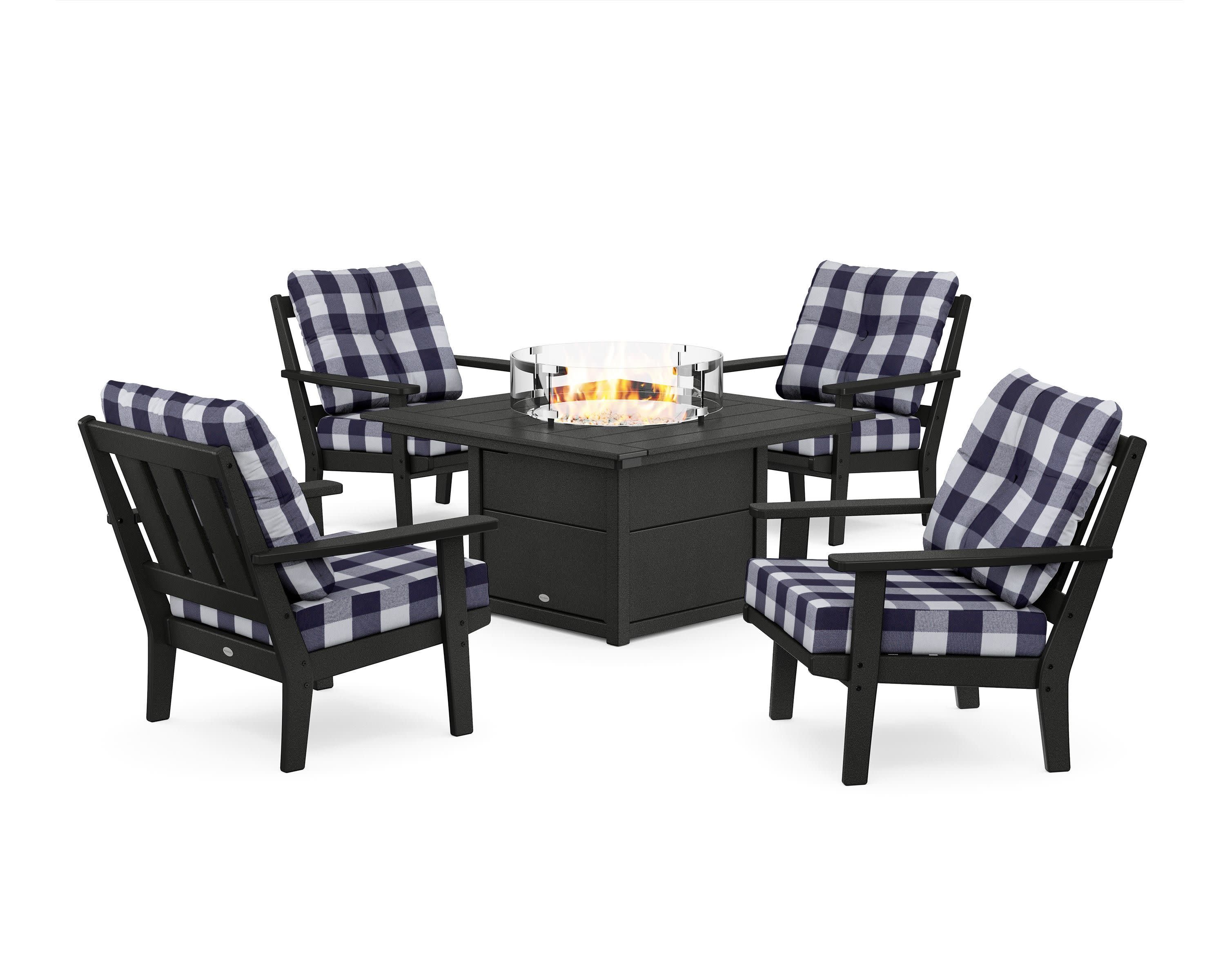Oxford 5-Piece Deep Seating Set with Fire Pit Table in Black / Buffalo Plaid Navy